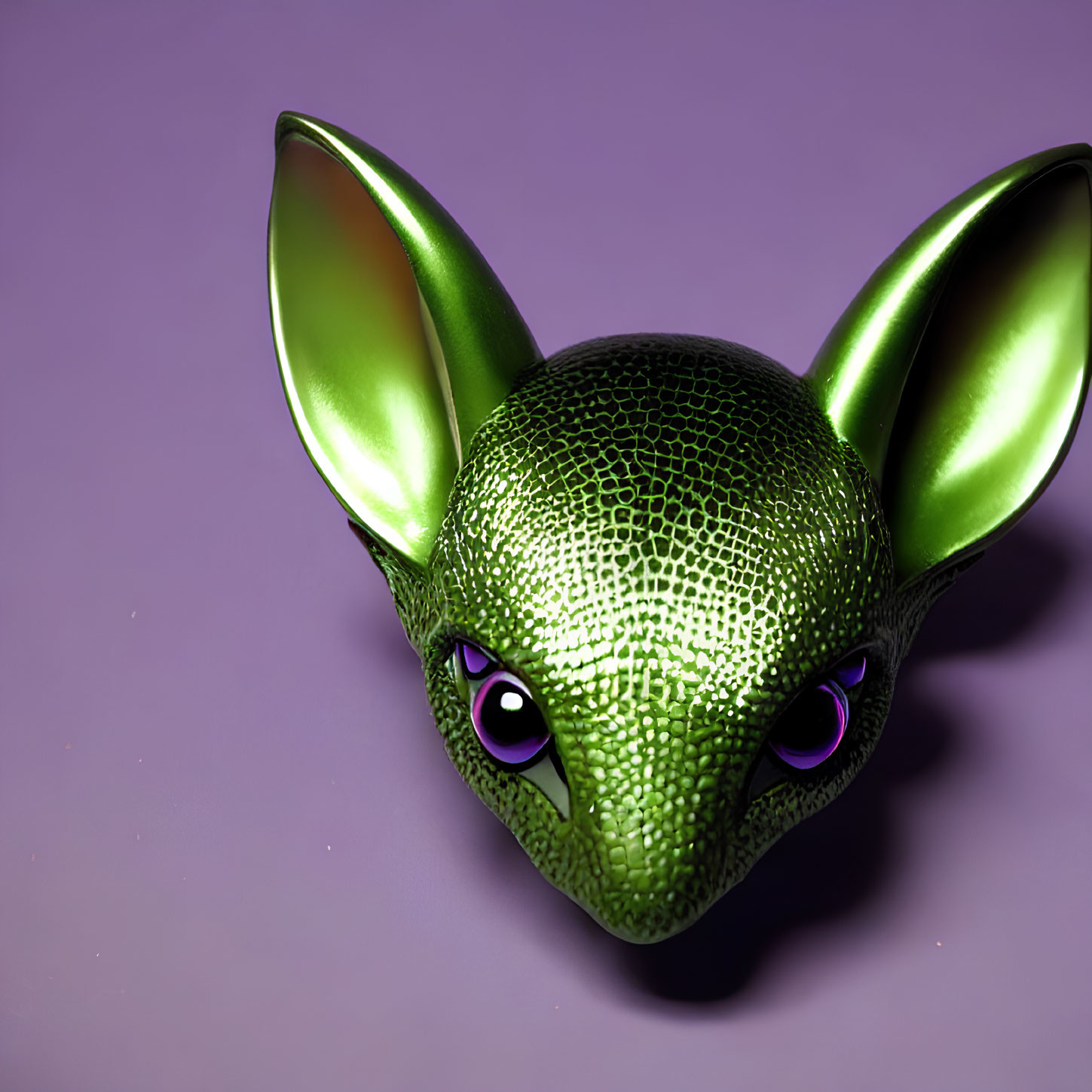 Green Animal Face Mask with Pointed Ears and Purple Eyes on Purple Background