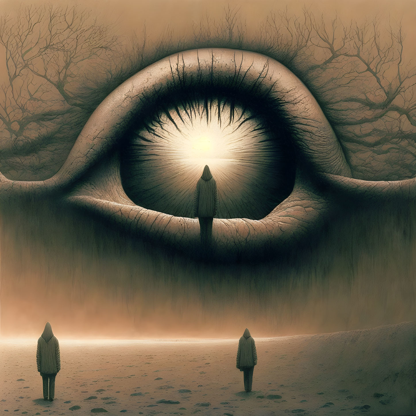 Surreal landscape featuring giant eye, figure, smaller figures, and barren trees with sunburst reflection