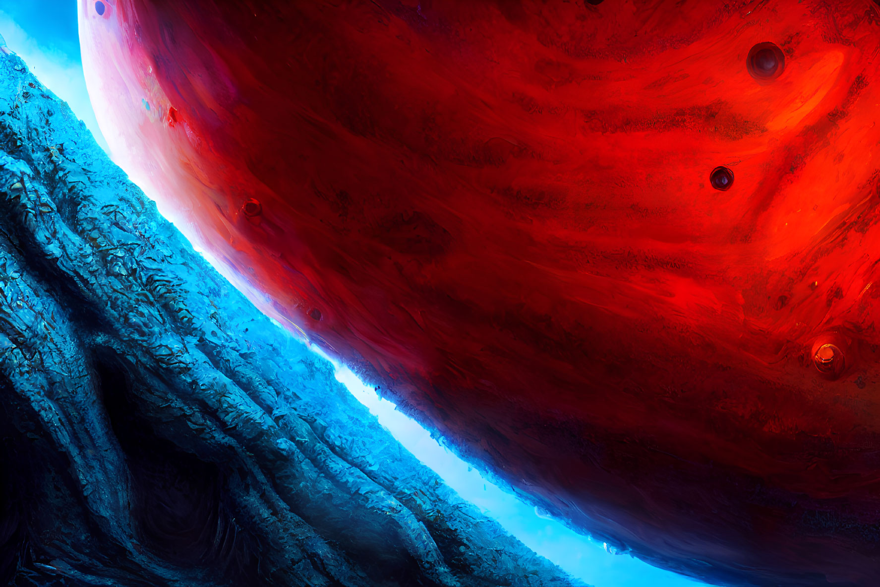 Colorful digital artwork: red and blue cosmic scene with swirling celestial bodies.