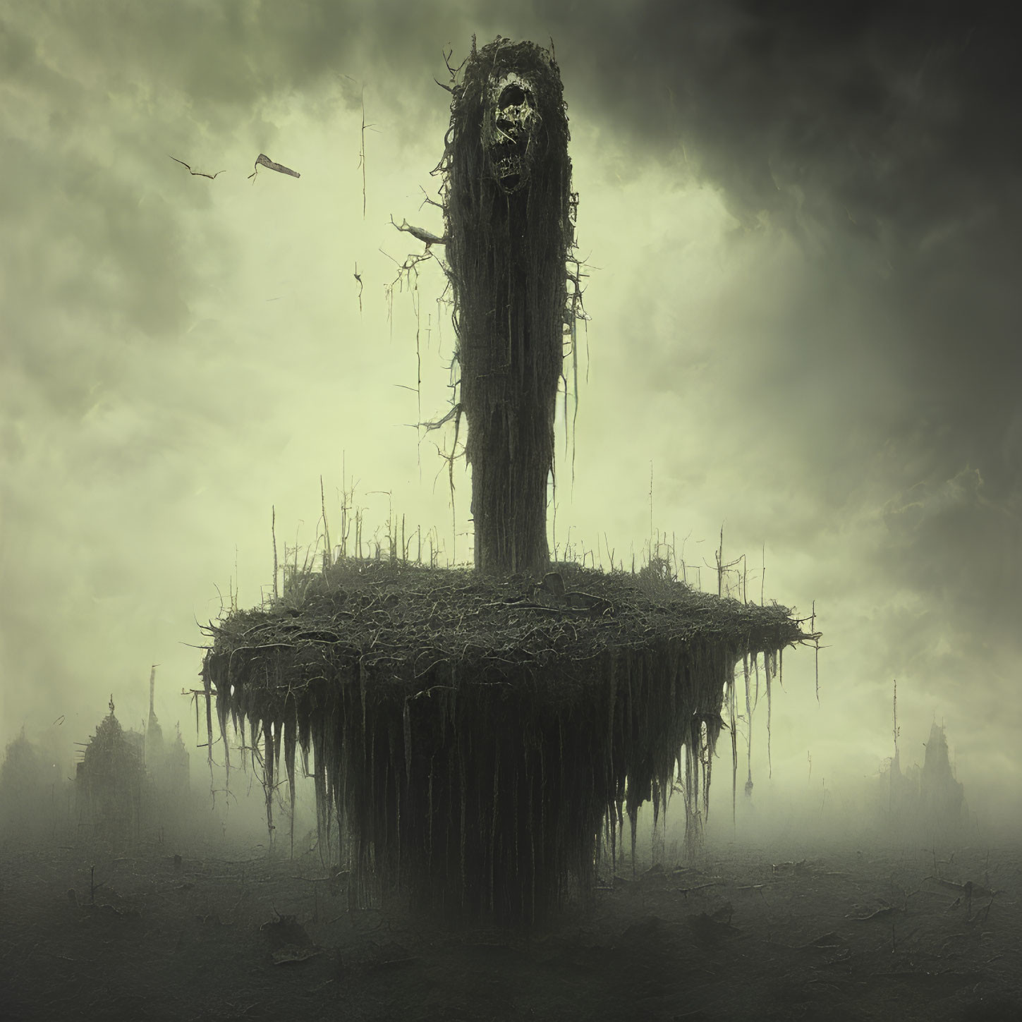 Eerie landscape with towering tree-like structure in foggy, desolated land