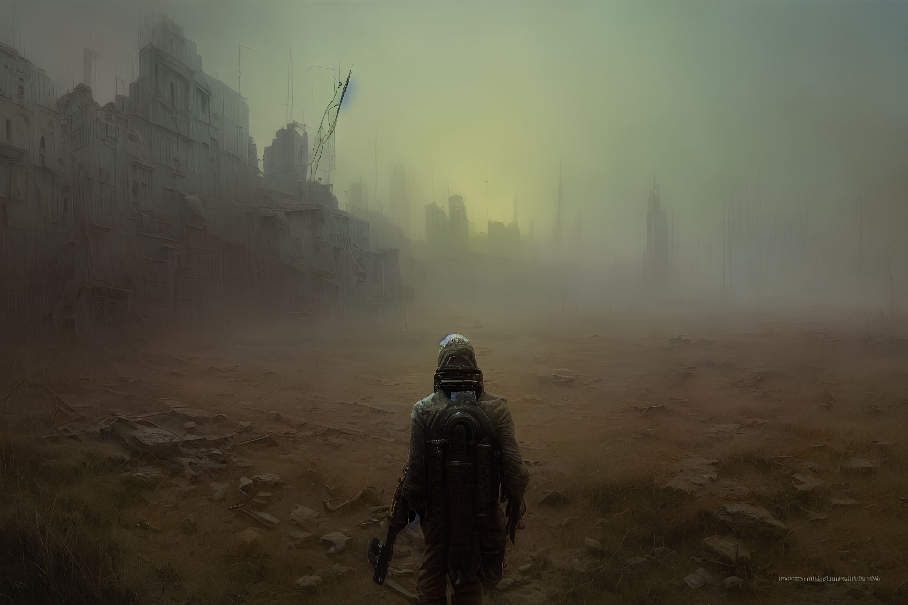 Spacesuit-clad figure in foggy post-apocalyptic cityscape.