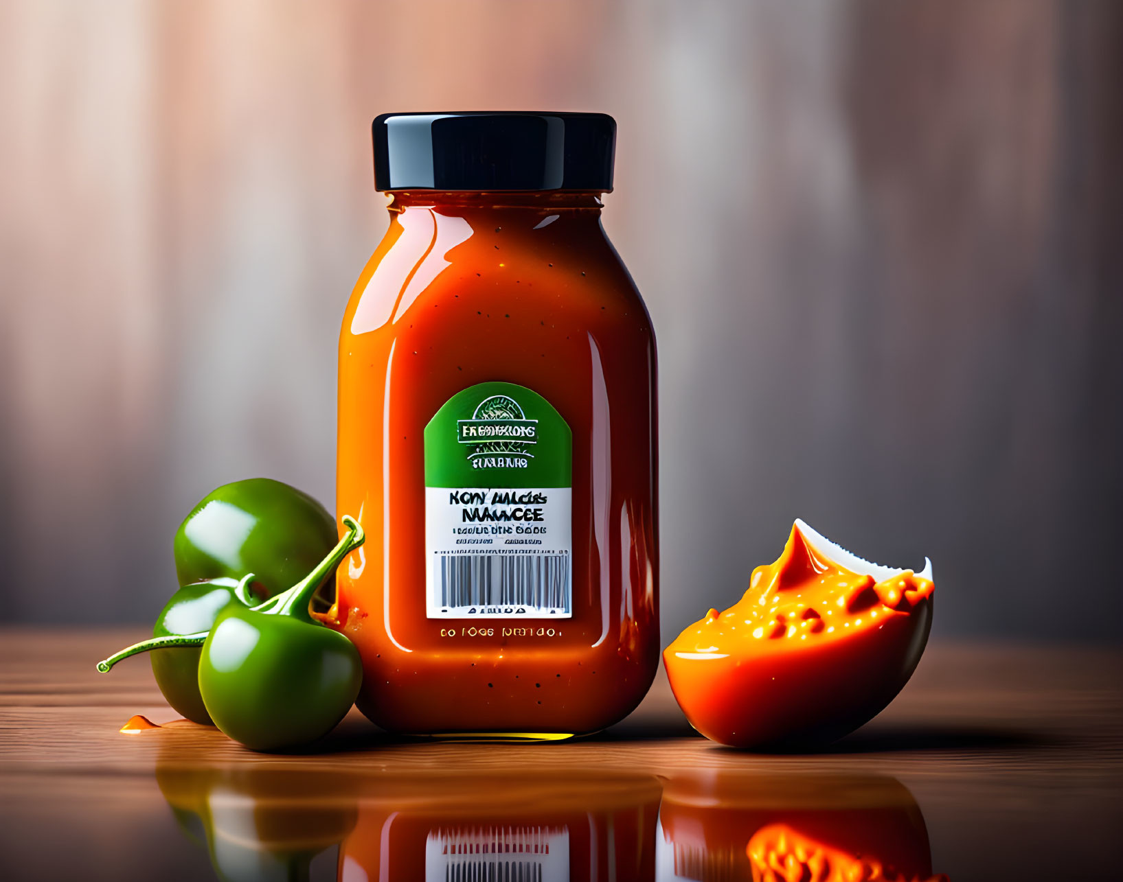 Jar of Tomato Sauce with Fresh Tomatoes and Slice on Reflective Surface