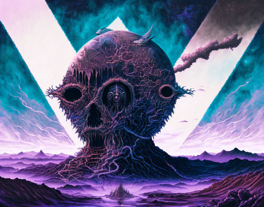 Surreal landscape featuring giant skull, lightning, bird, purple mountains, starry sky, and