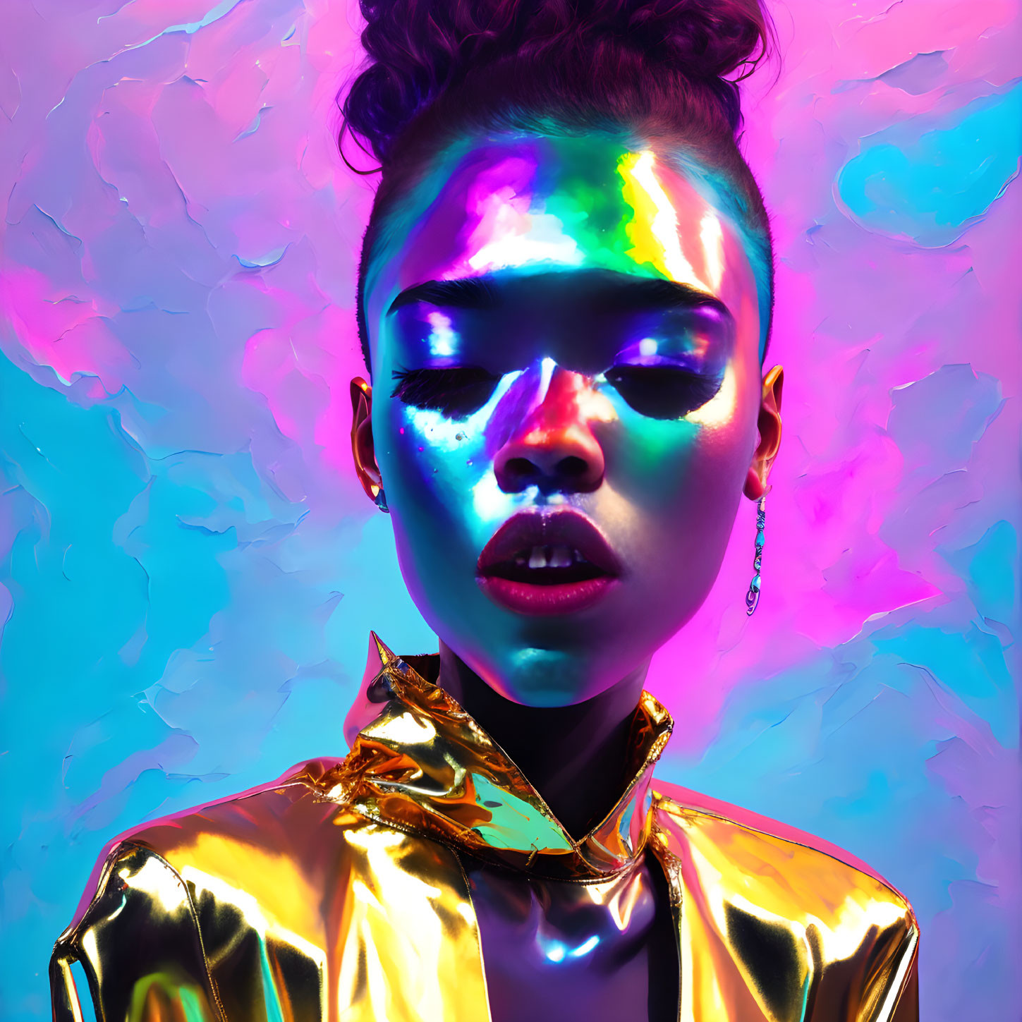 Vibrant neon makeup on woman in gold jacket against abstract background
