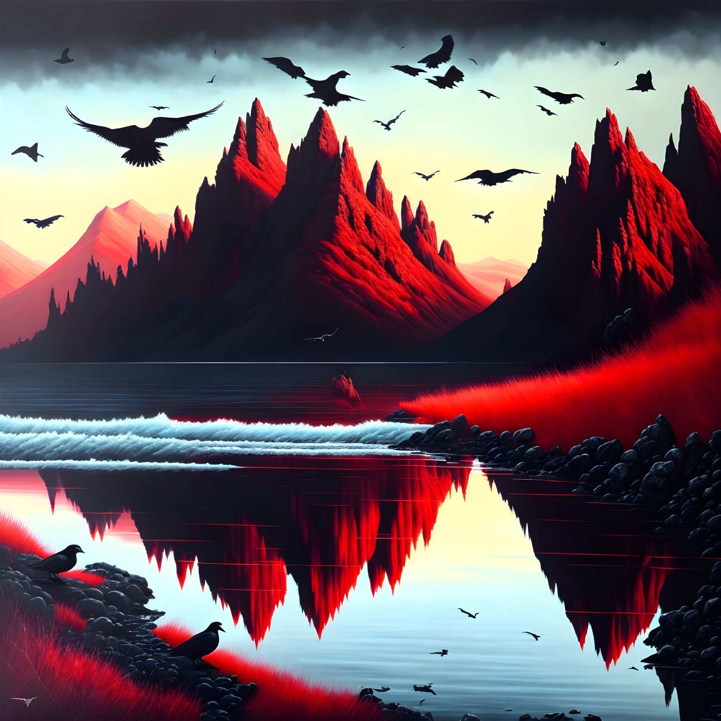 Vivid red mountains reflected in calm lake with silhouetted birds