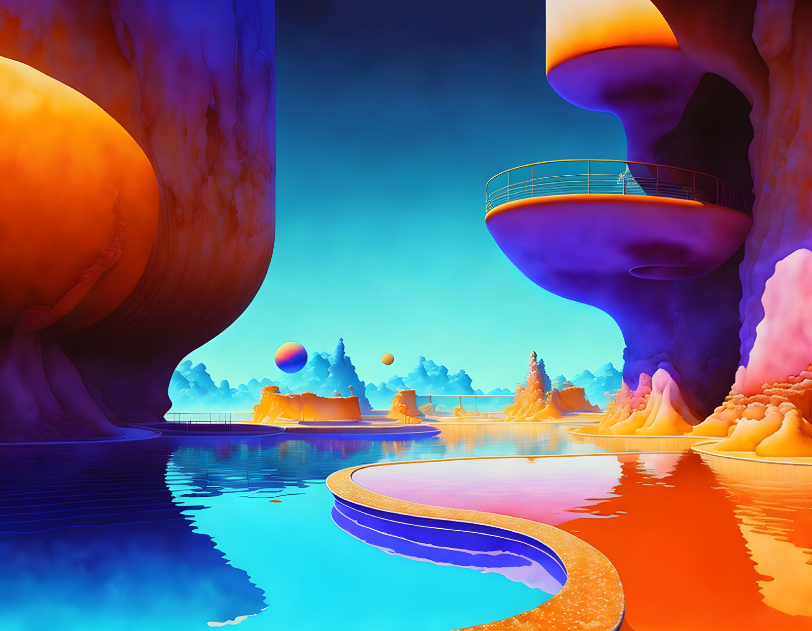 Colorful Mushroom Landscape with Pathway and Reflective Water