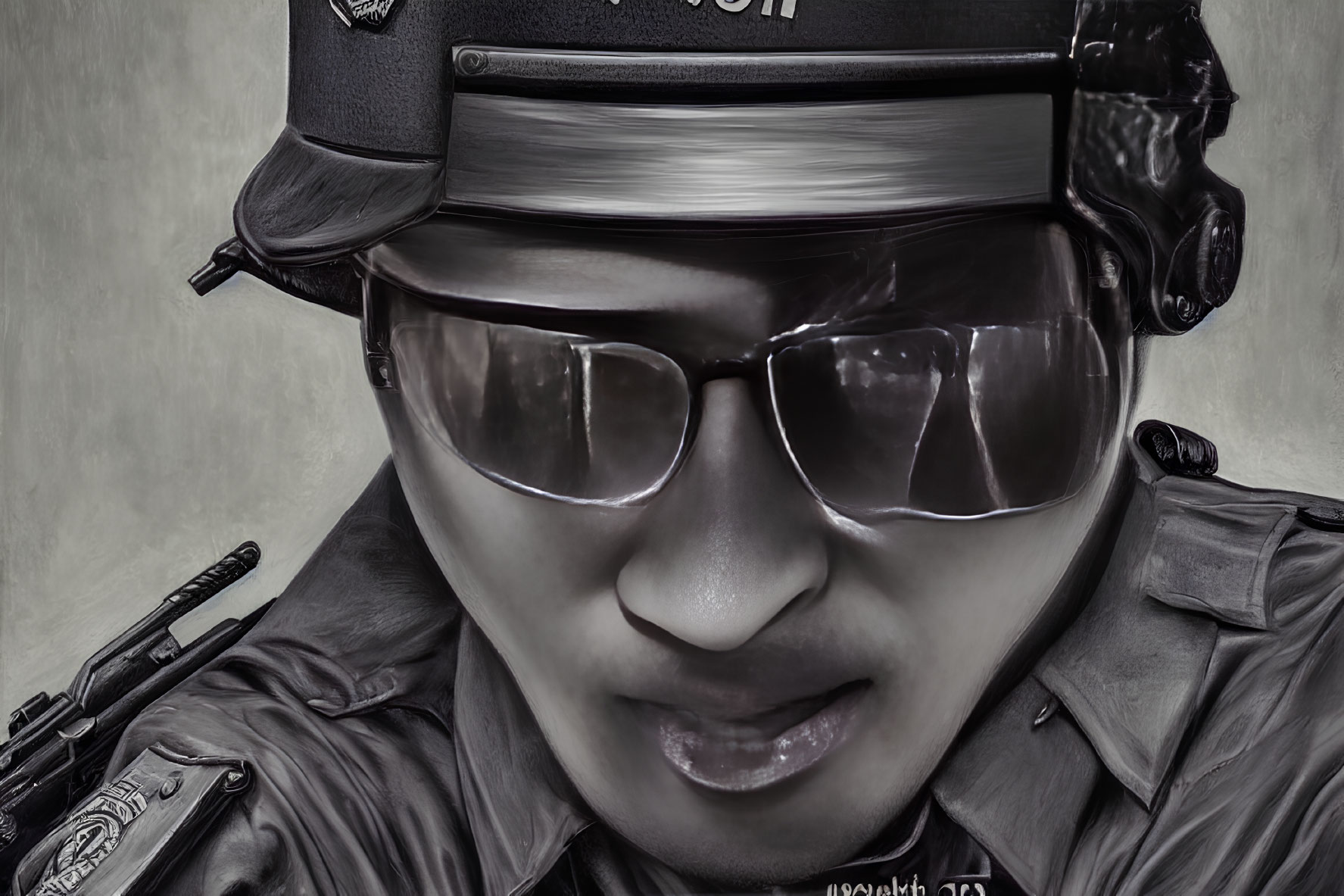 Person in Police Cap and Reflective Sunglasses with Blurred Tactical Gear Background