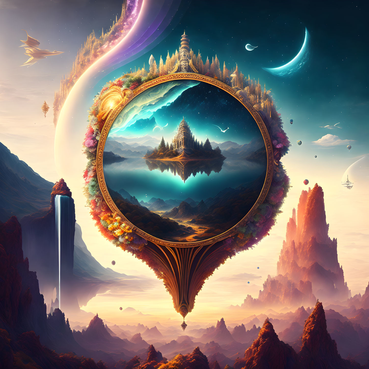 Surreal Landscape with Floating Islands and Mirror Portal