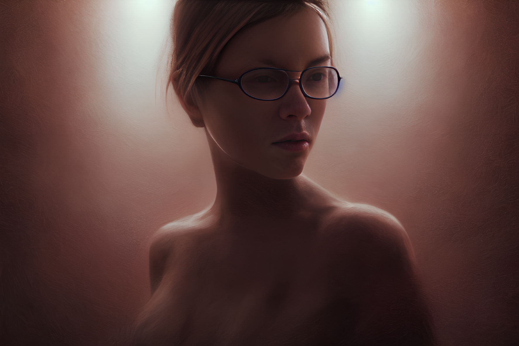 Person with Short Hair and Glasses Gazing in Warm-Toned Portrait