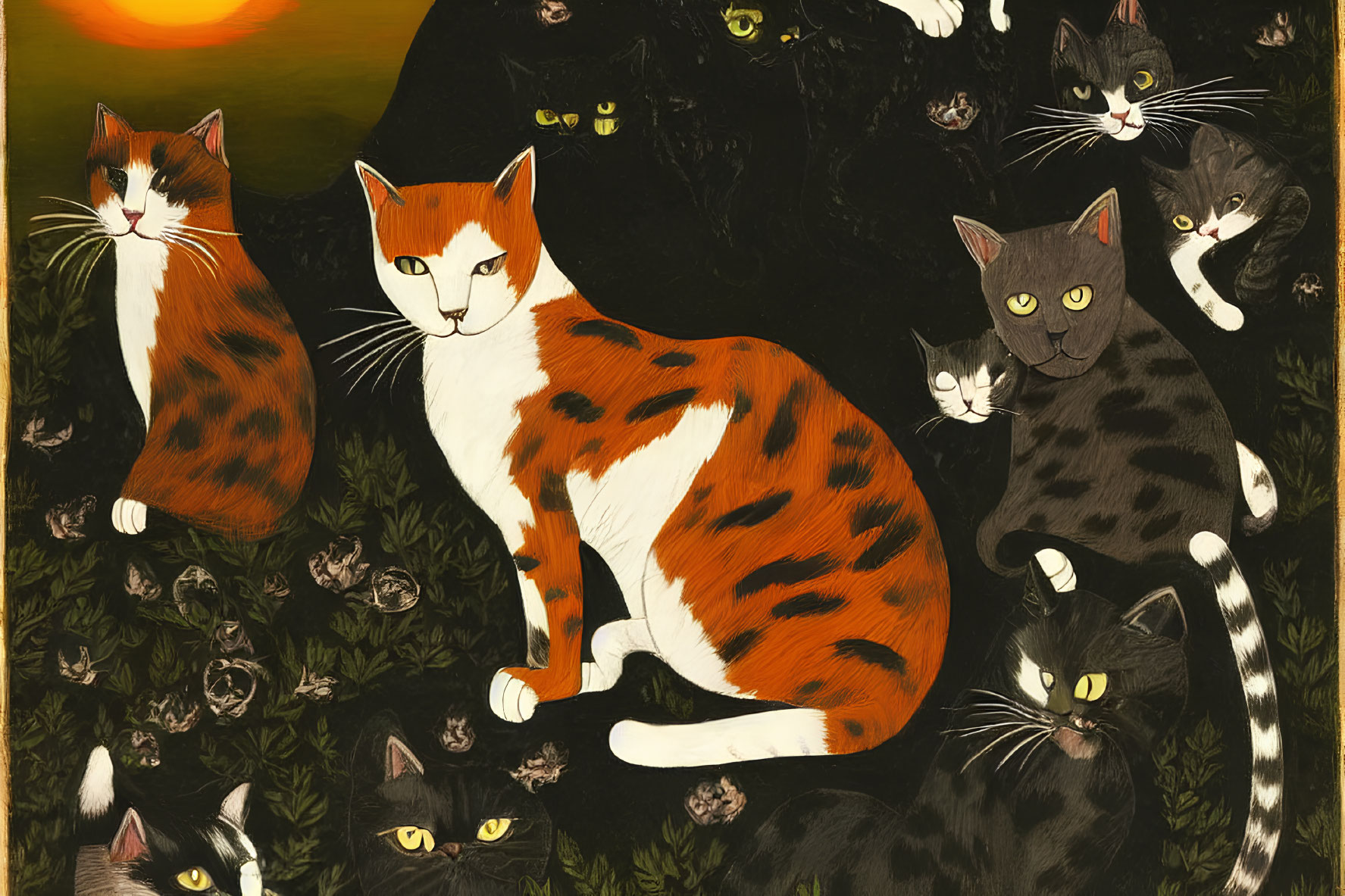 Illustration of diverse patterned cats against dark backdrop with sunset and foliage