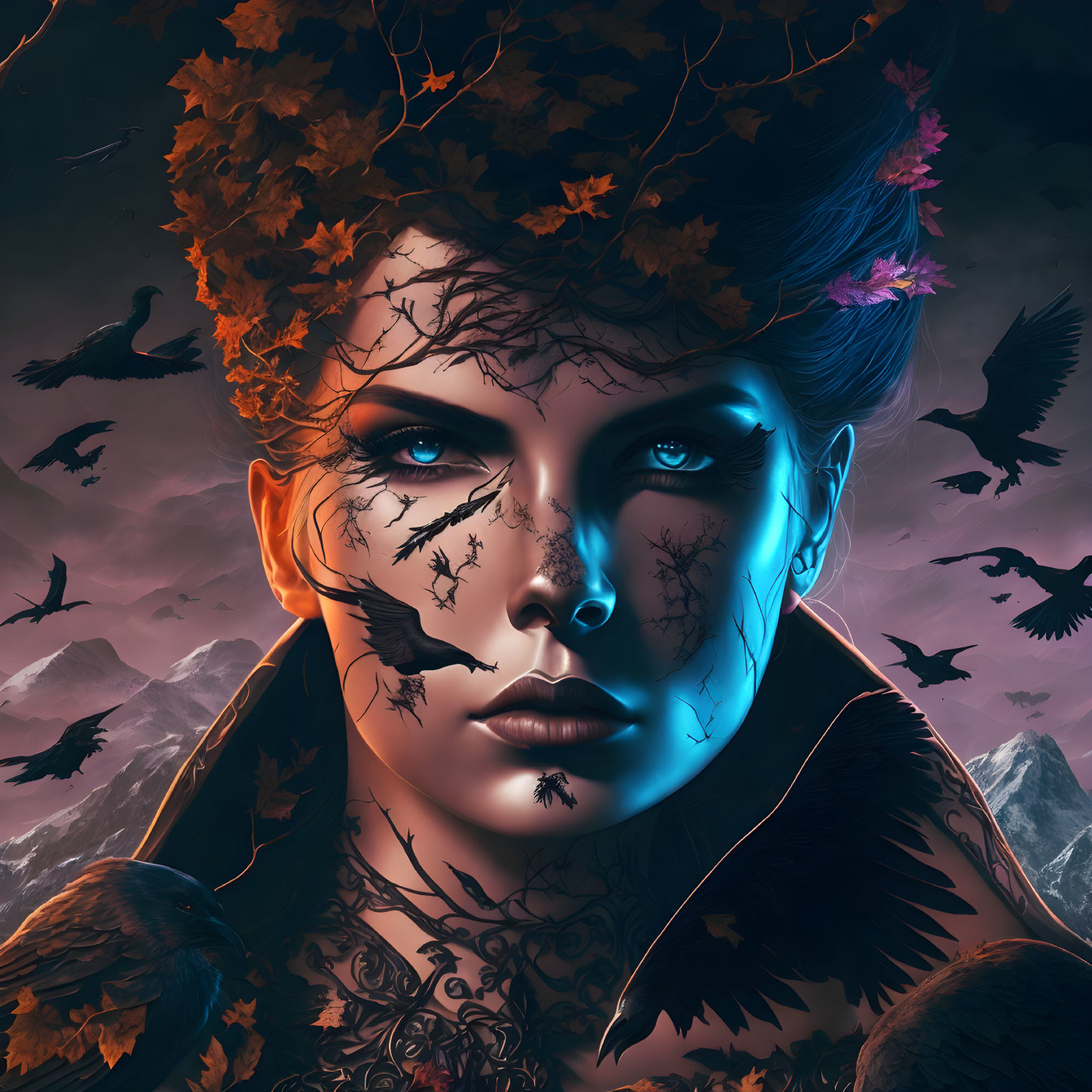 Digital artwork: Woman with autumn leaves, tattoos, cracked face, crows, and mountains