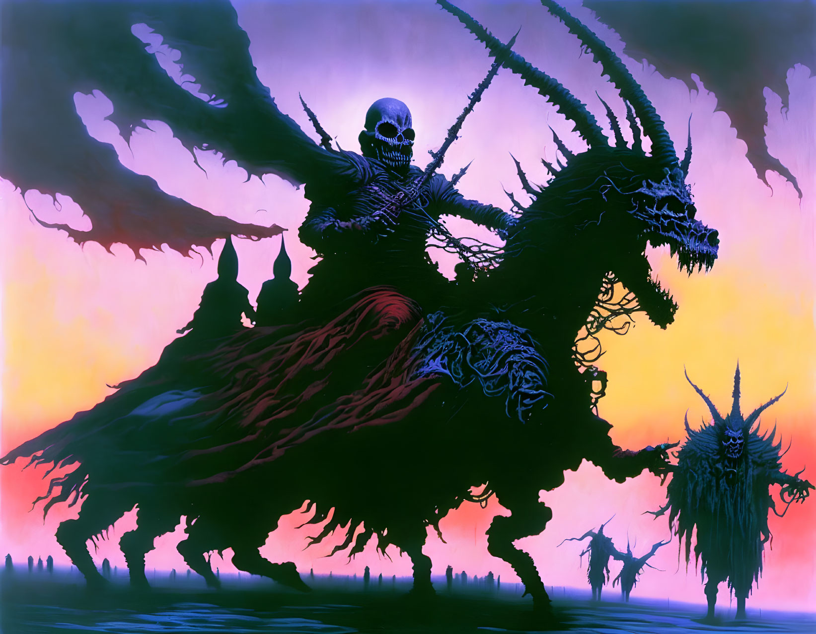 Skeletal figure riding beast with multiple horns on purple background surrounded by menacing creatures and eerie silhouettes