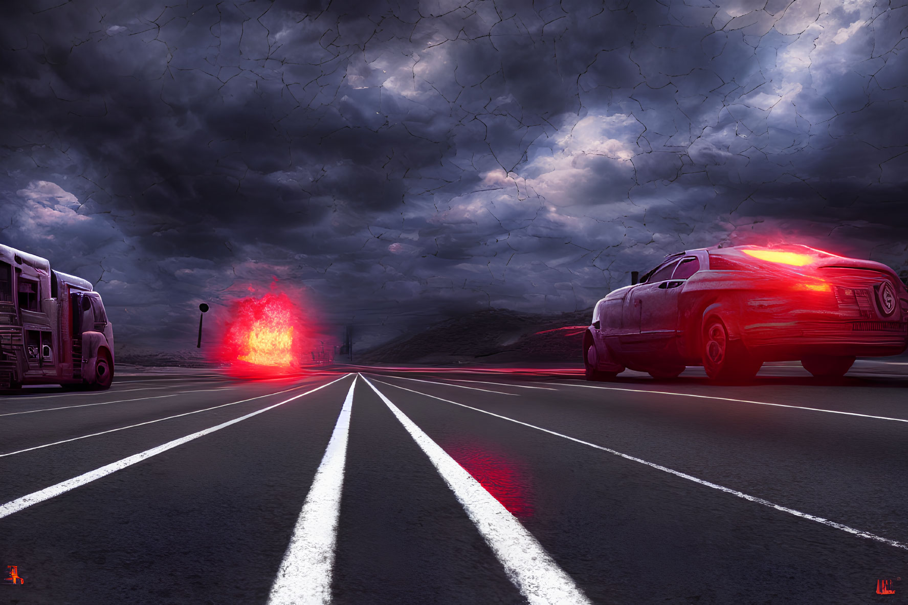 Highway scene with glowing red anomaly and stormy sky