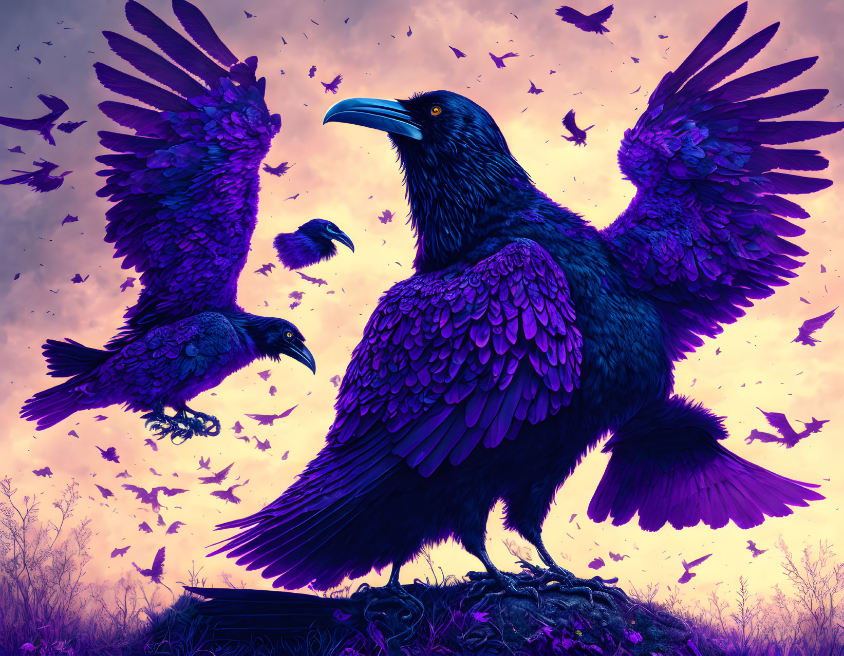 Detailed illustration of large raven with outstretched wings and smaller ravens in a purple sky