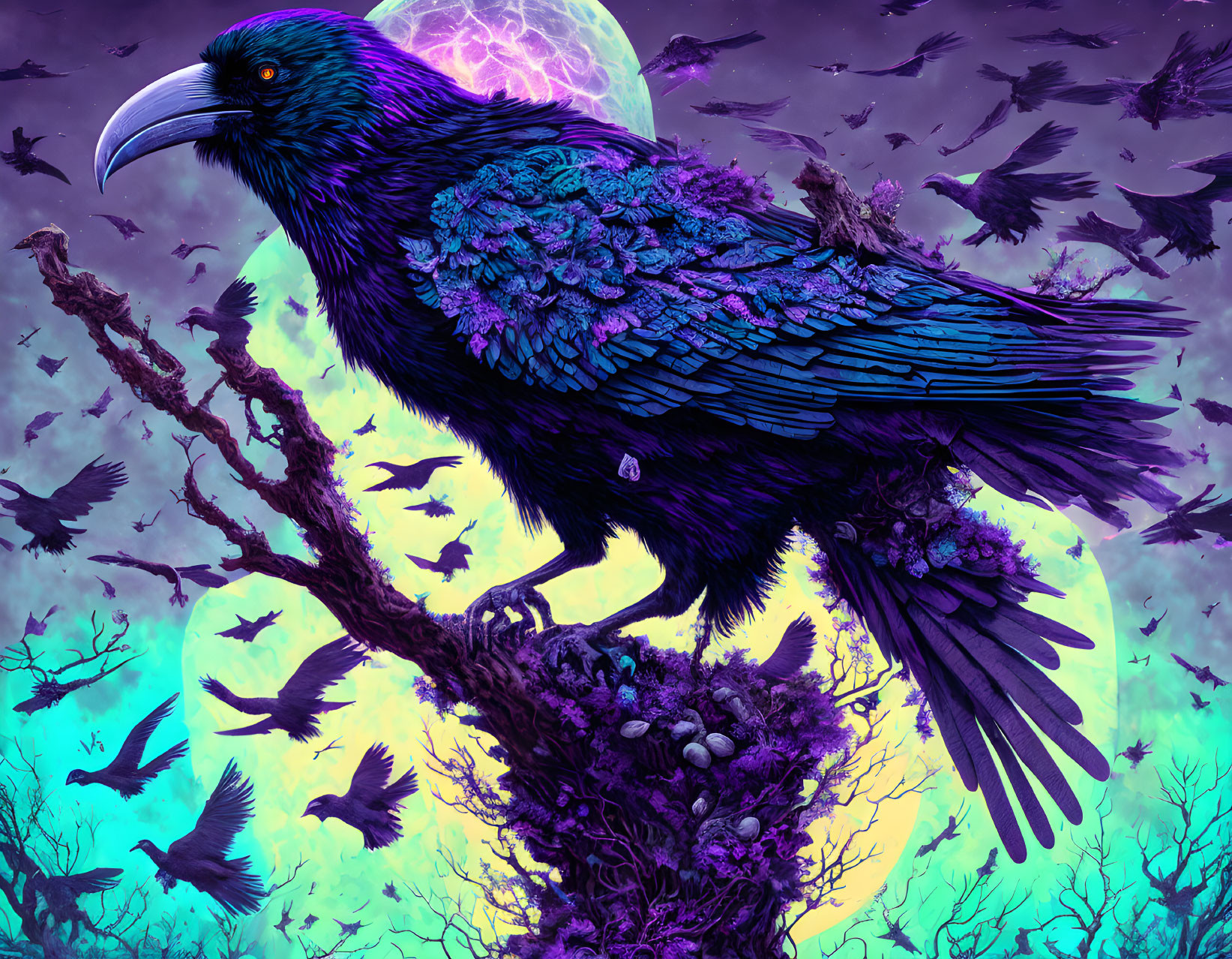 Colorful Raven Artwork with Full Moon and Flying Silhouettes