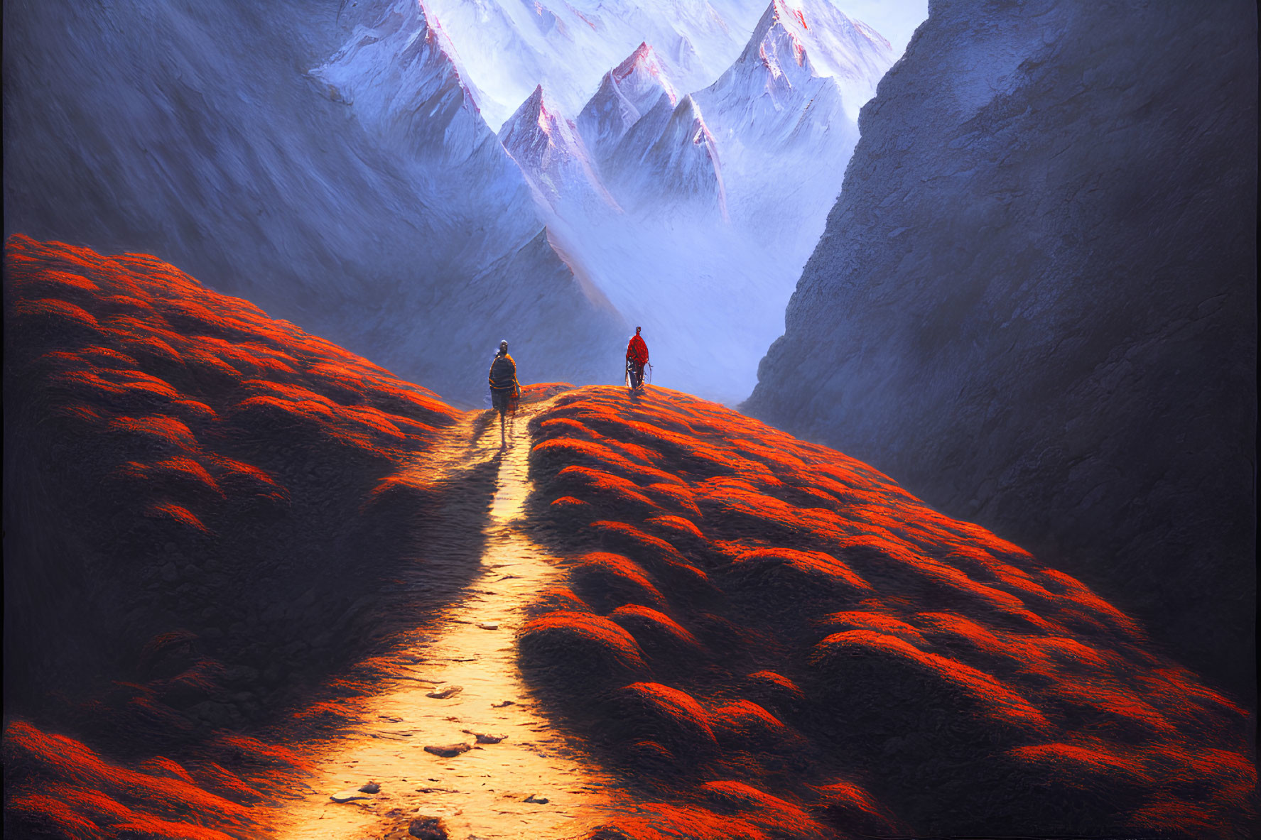 Vibrantly red mossy path in dramatic mountainous landscape