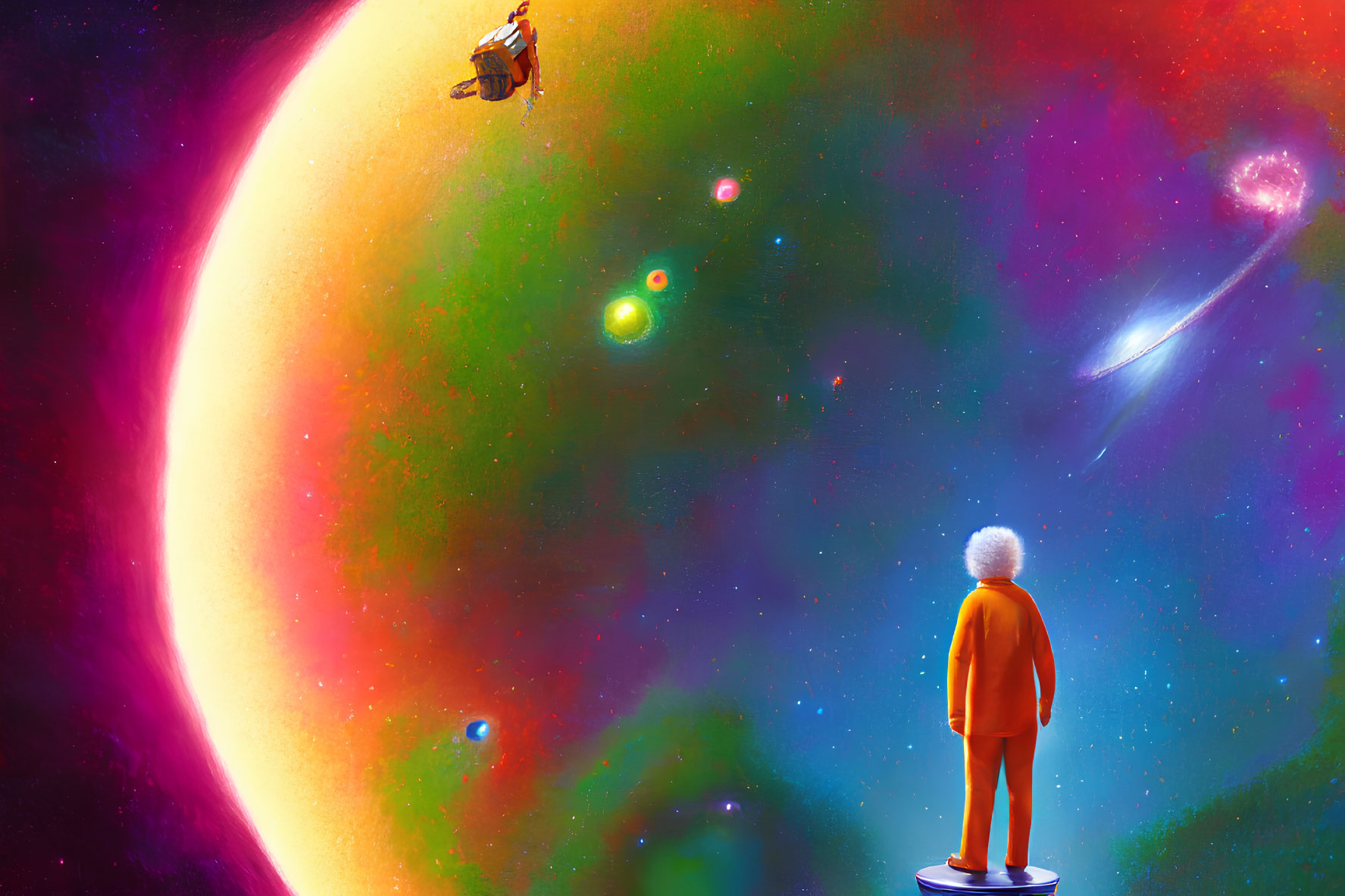 Colorful sci-fi illustration: Person, spaceship, and planet in outer space