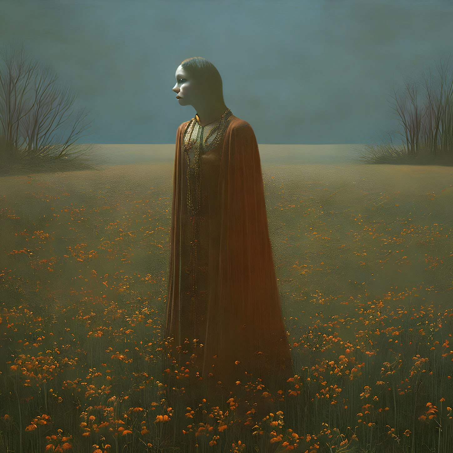 Orange-robed figure in misty field with yellow flowers and trees