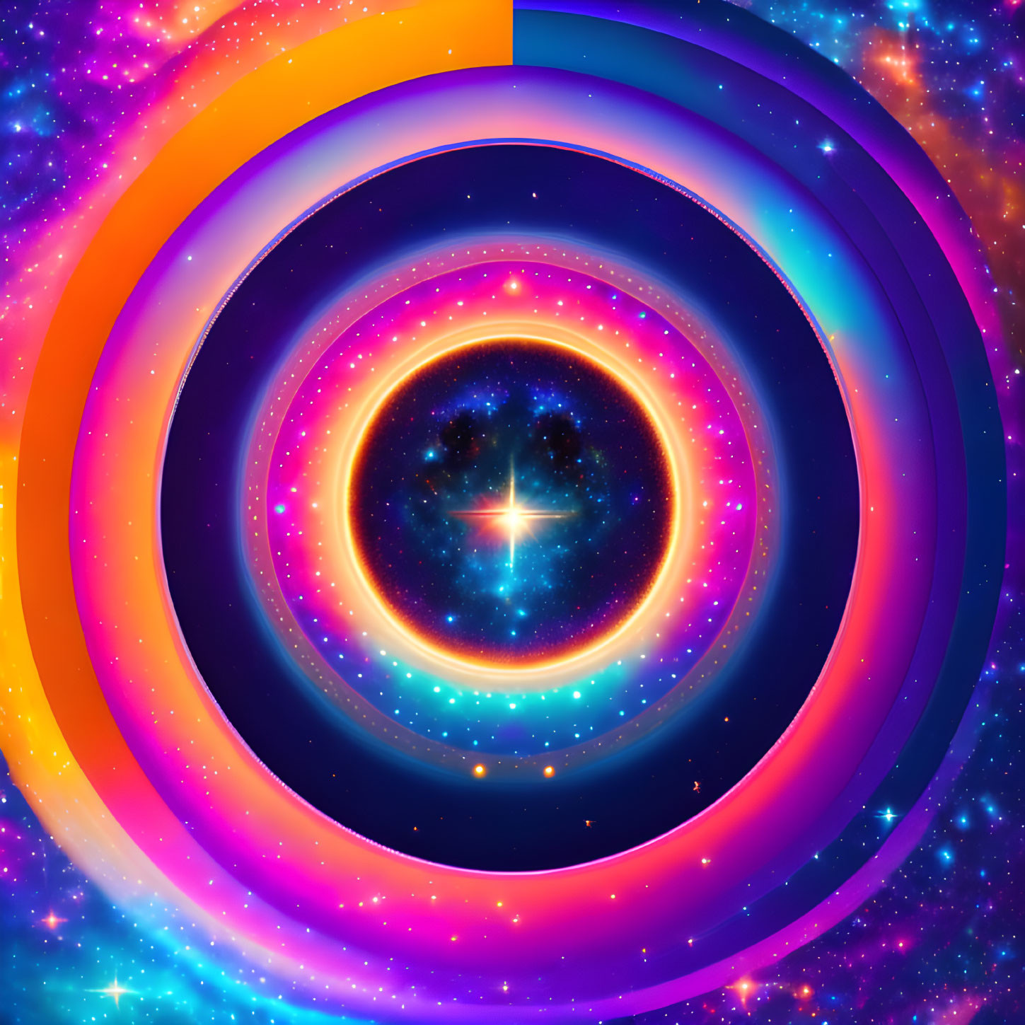 Colorful concentric circles in cosmic digital artwork with stars and nebulae