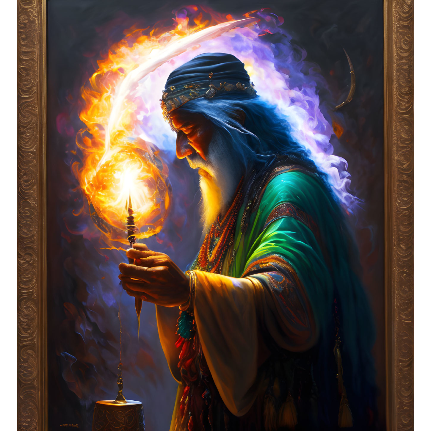 Mystical wizard in robes with fiery orb staff and flame arch