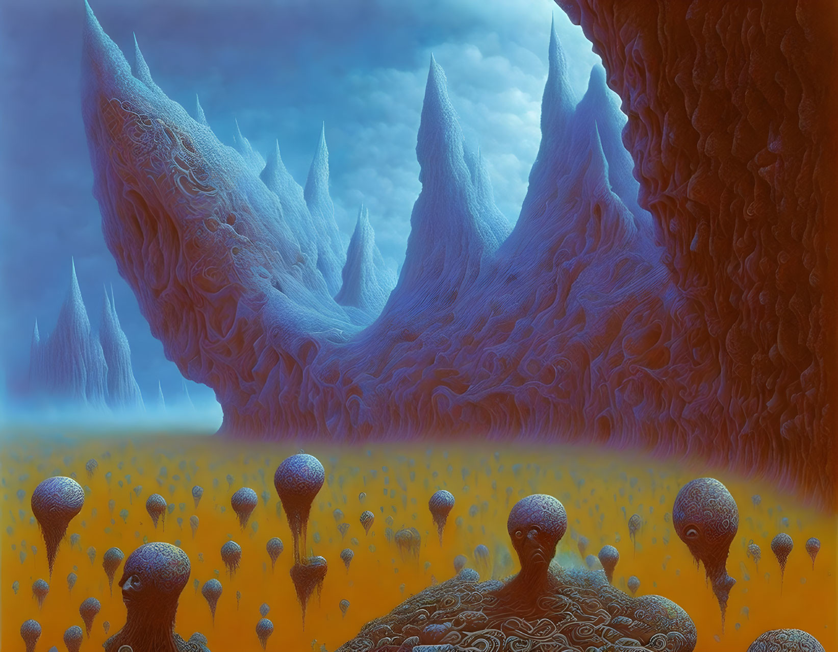 Surreal landscape with ice-like formations and humanoid figures