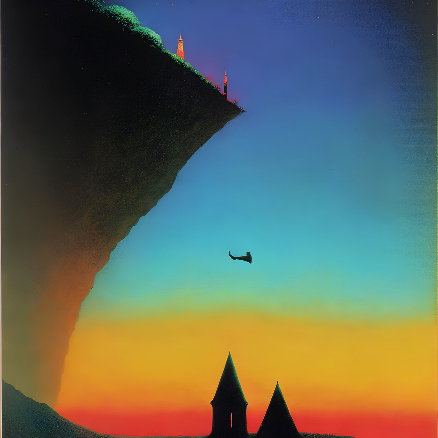 Surreal artwork: Floating cliff, towers, castle silhouette, gradient sky from night to dawn