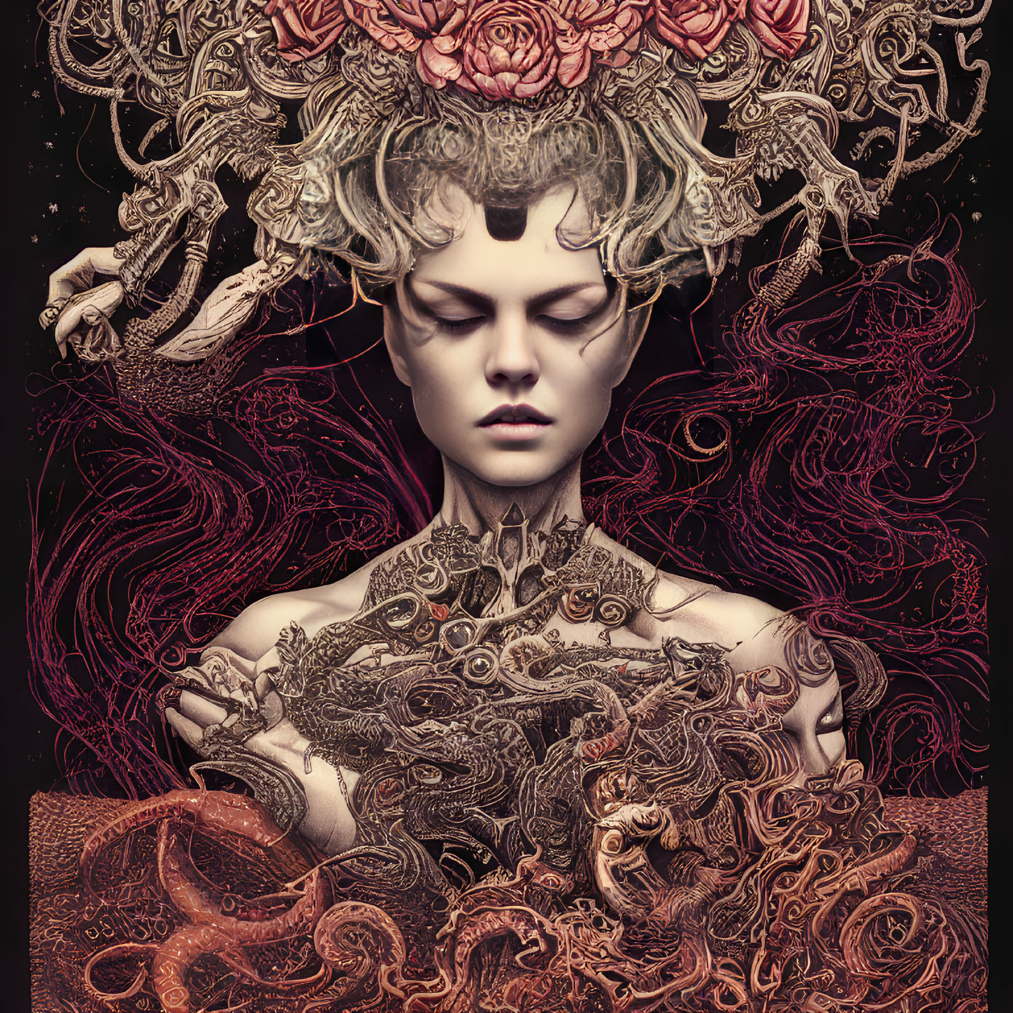 Ornate fantasy artwork of person with elaborate hair and dragons on dark background