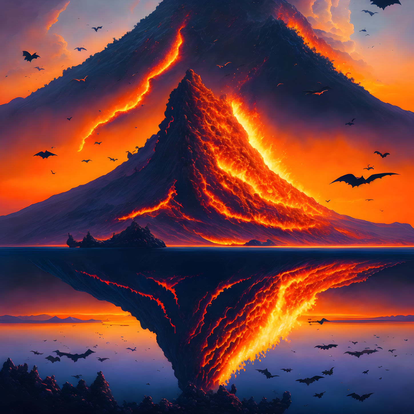 Erupting volcano with lava flows reflected in water at sunset