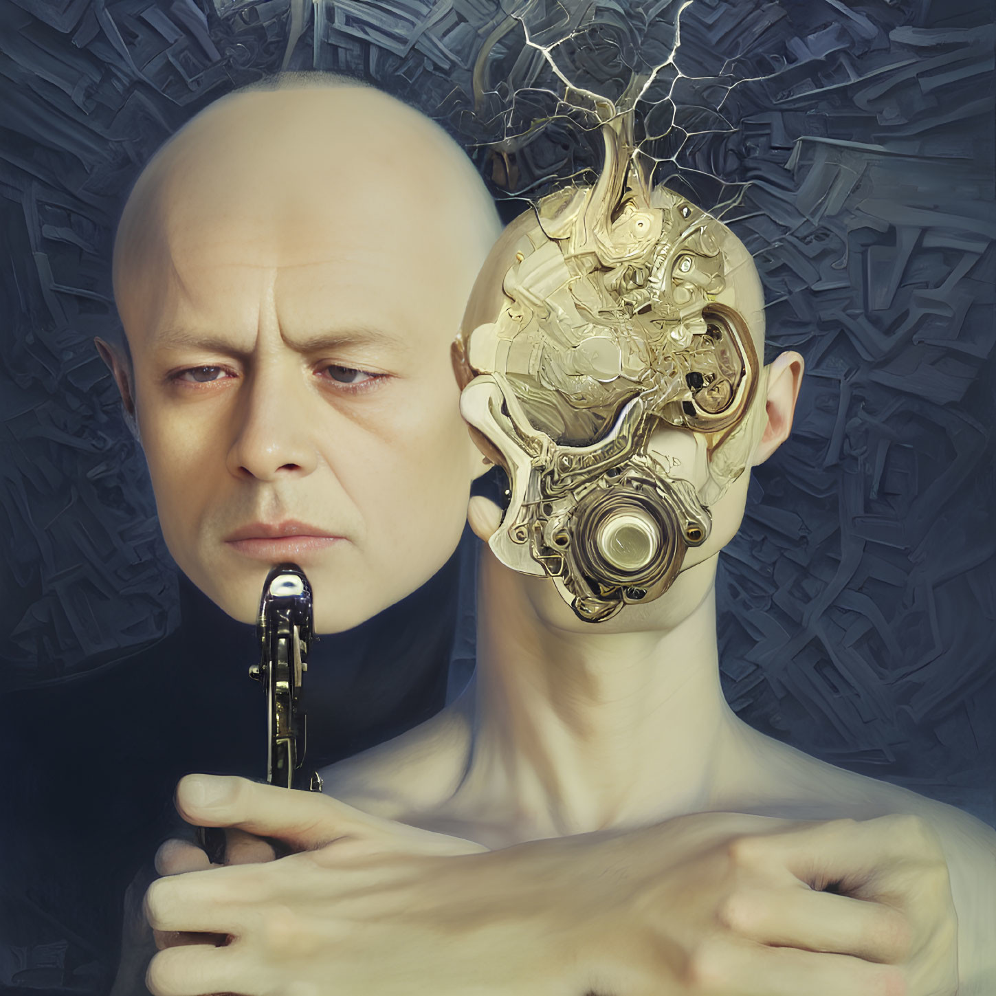 Bald Man with Exposed Mechanical Brain Holding Saxophone