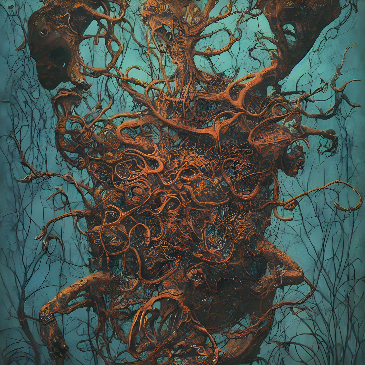 Abstract Bronze Roots Intertwined on Teal Background