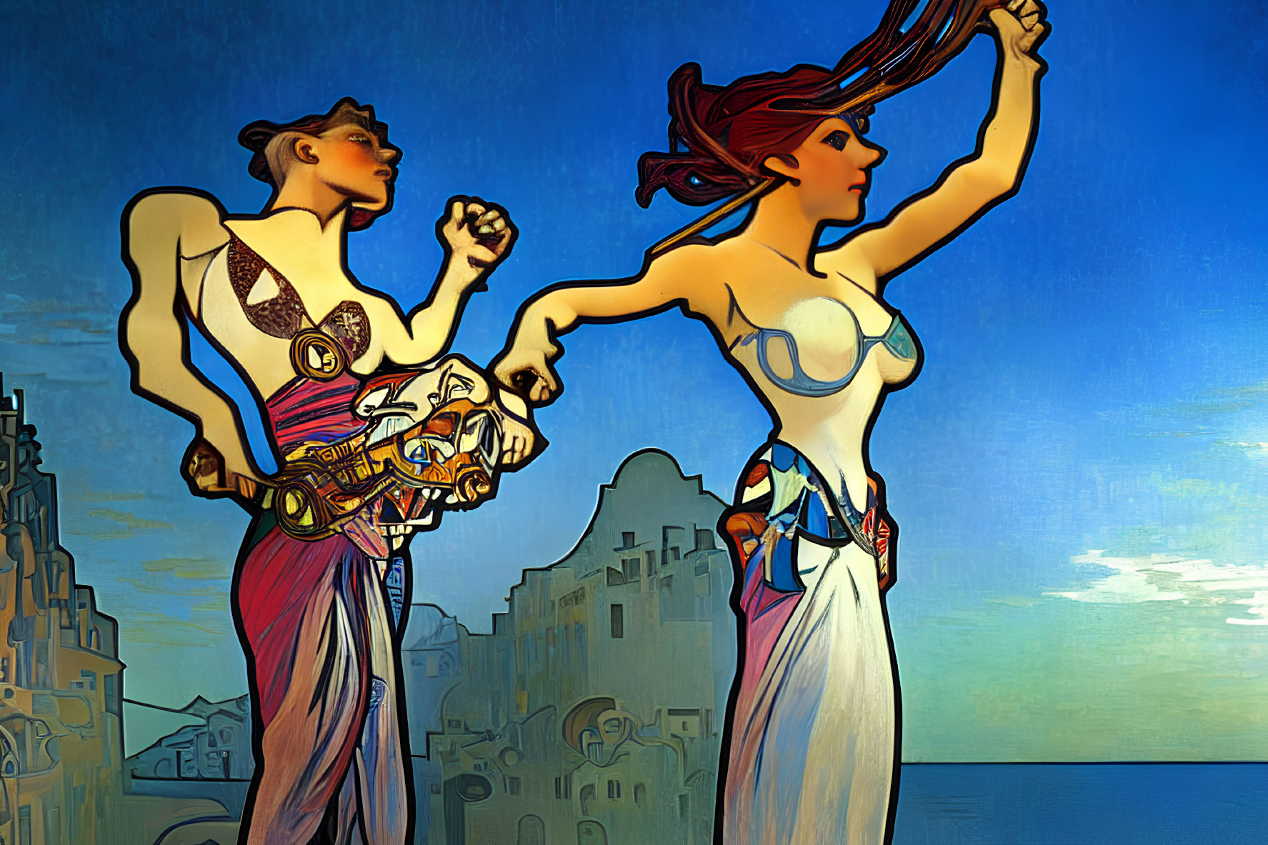 Art Nouveau style artwork of two women in flowing garments against a backdrop of blue skies and old buildings