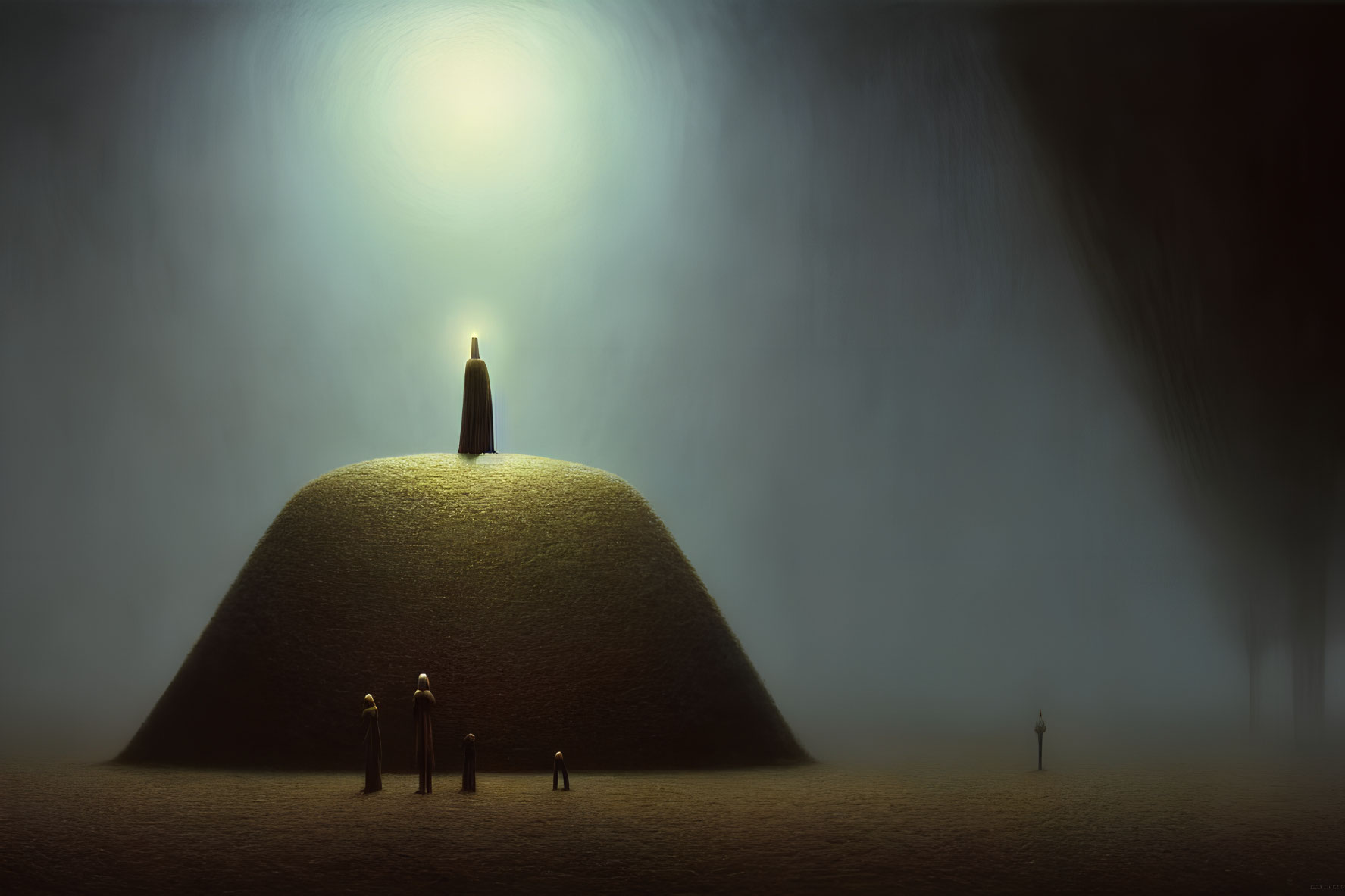 Solitary figure under glowing orb with smaller figures in misty landscape