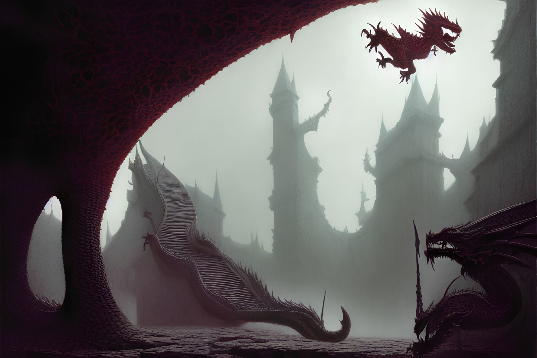 Dark, mystical landscape with dragons and gothic castle in mist.