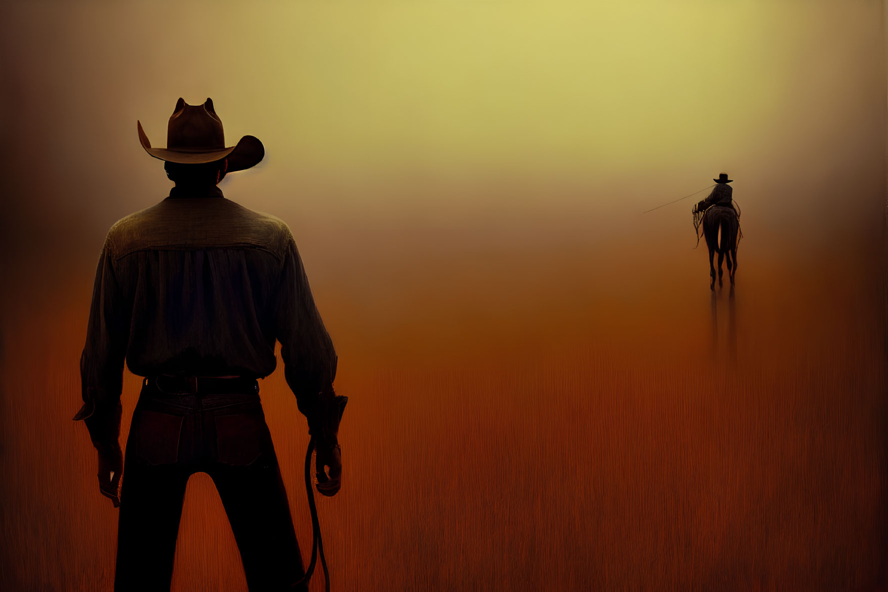 Cowboy standing in foreground gazes at another on horseback in misty landscape