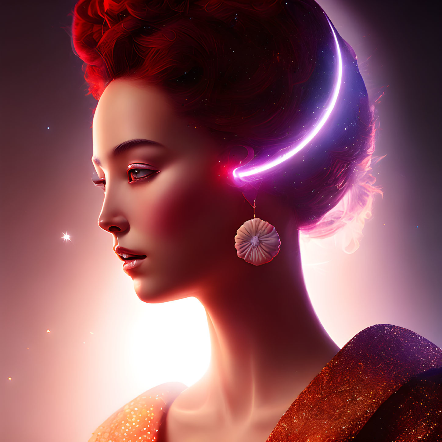 Cosmic-themed digital artwork of a woman with glowing moon and stardust