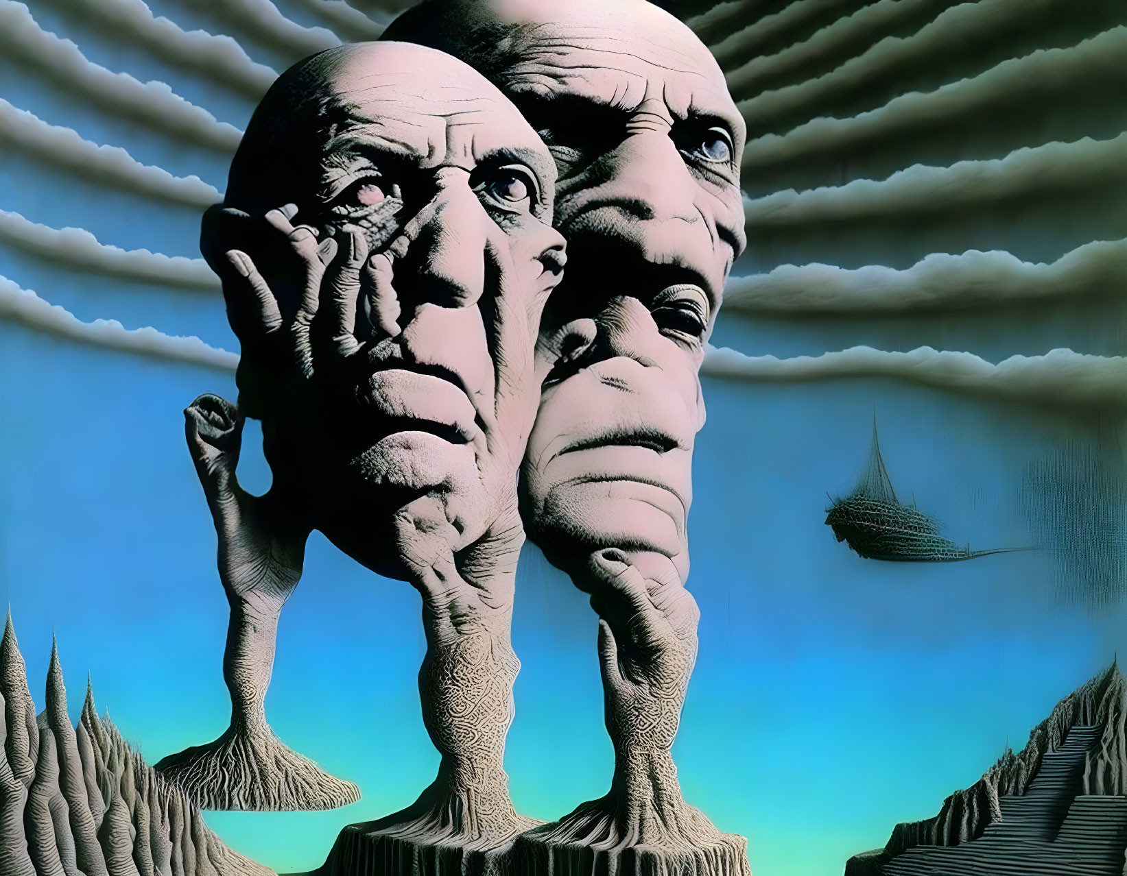 Surreal artwork of giant heads with multiple faces, ship in sky, wavy clouds