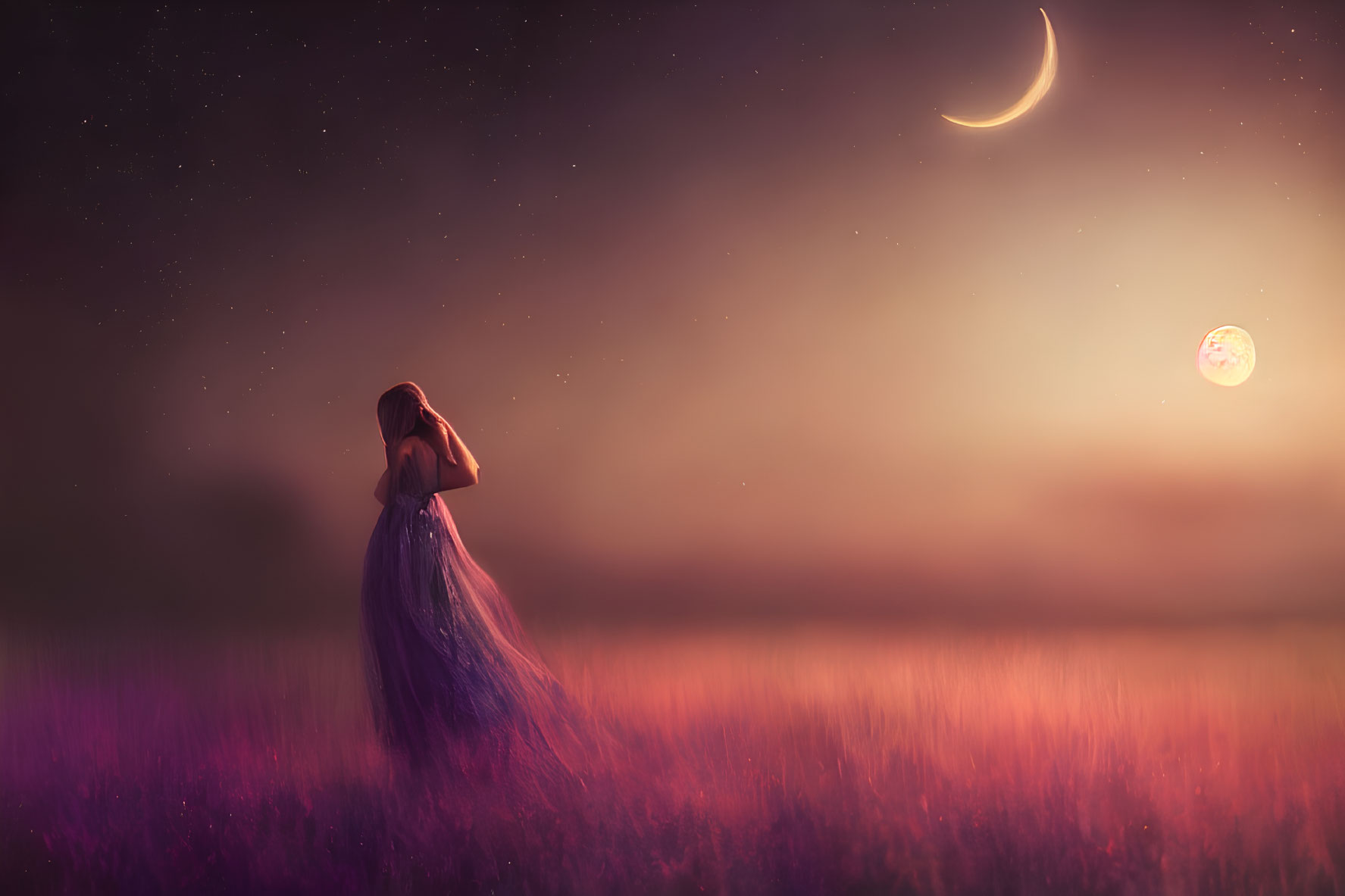 Woman in flowing dress standing in purple field at night with crescent moon and glowing planet.