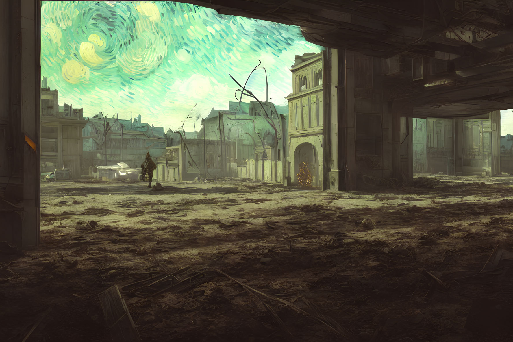 Post-apocalyptic scene with Van Gogh-inspired sky, urban ruins, survivor silhouette, and debris.