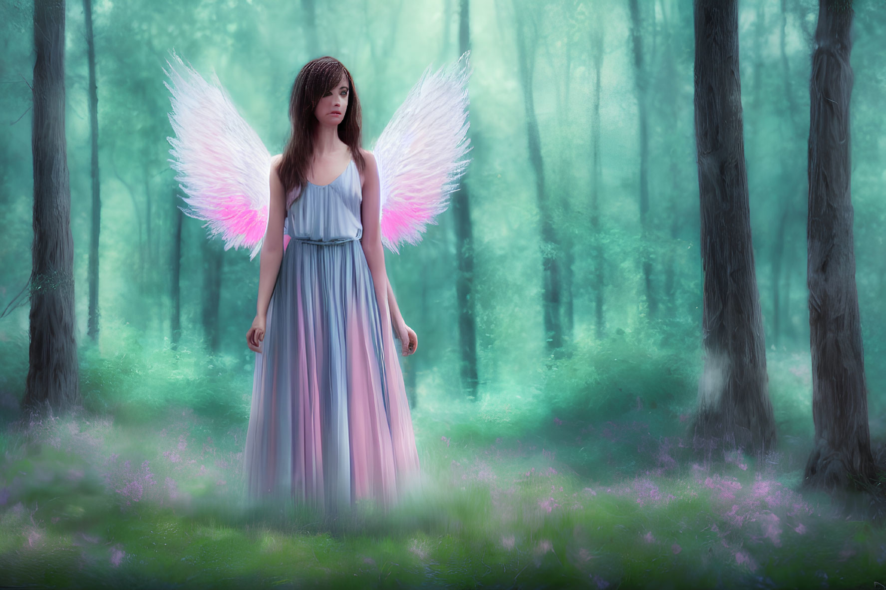 Woman with Pink-Tipped Wings in Mystical Forest with Purple Flowers