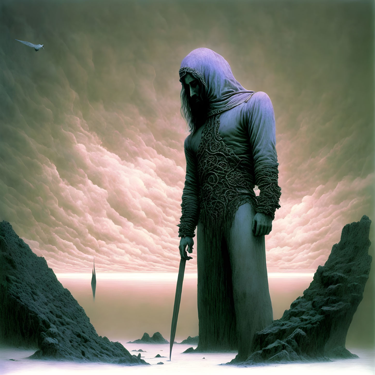 Hooded figure with sword on rocky shore under dramatic sky