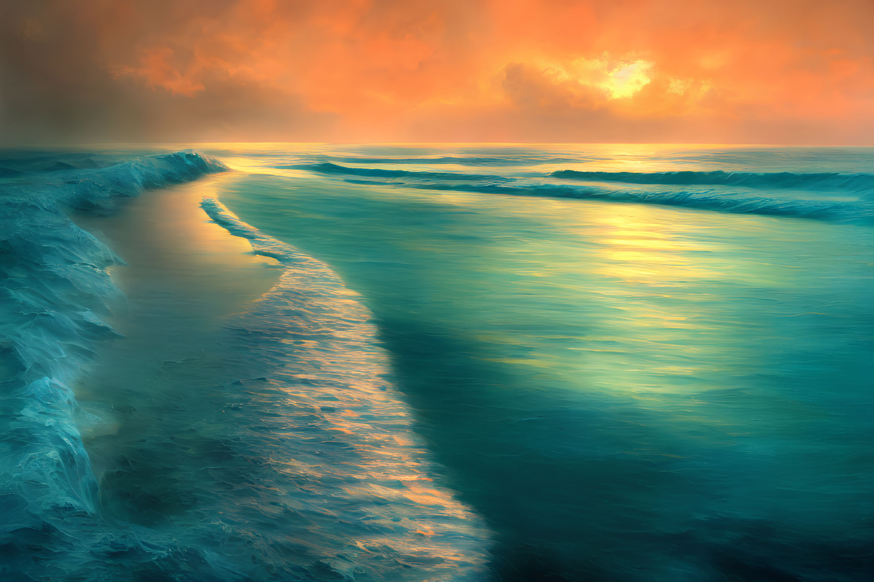 Tranquil sunset over calm sea with warm hues reflecting in gentle waves