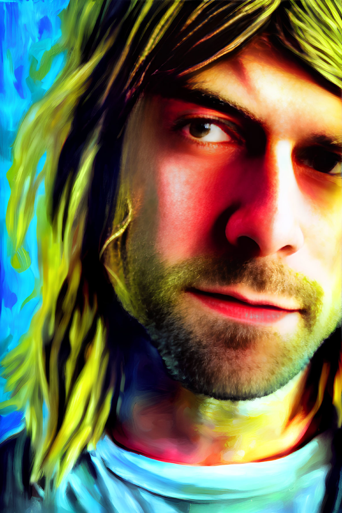 Colorful portrait of person with long blond hair and intense gaze on multicolored backdrop