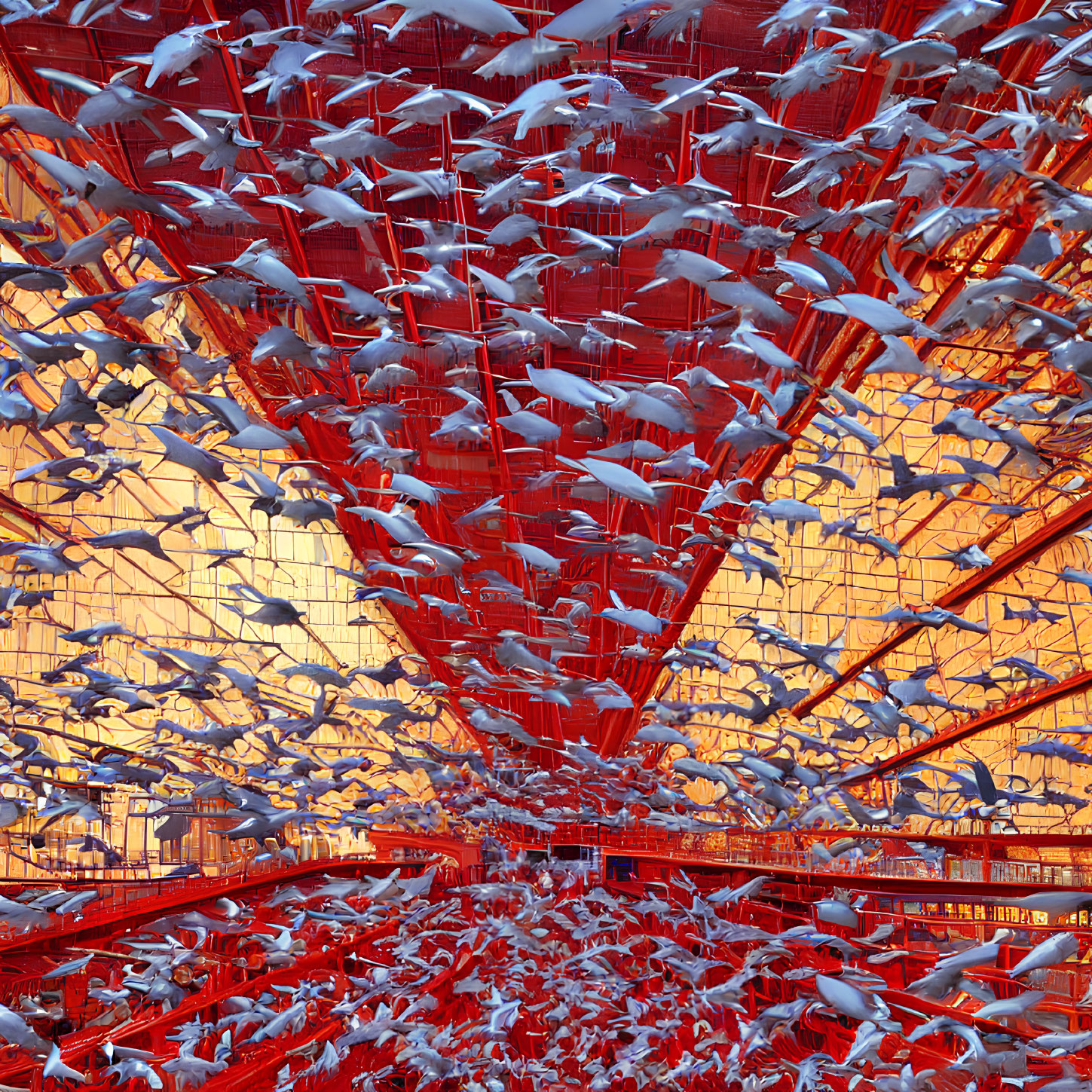 White Birds in Flight in Red and Orange Steel Atrium