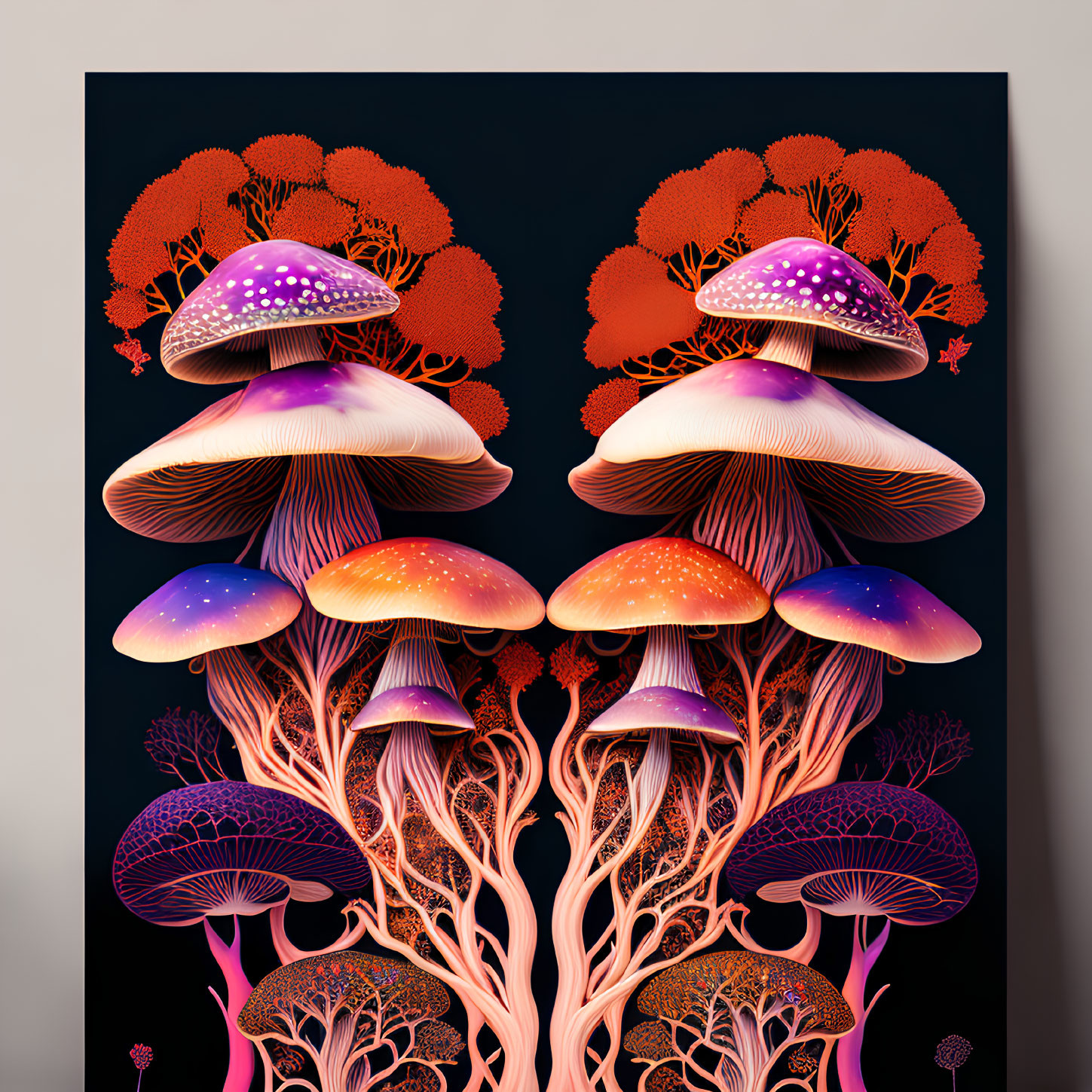 Vibrant digital art: Stylized purple and orange mushrooms on dark background