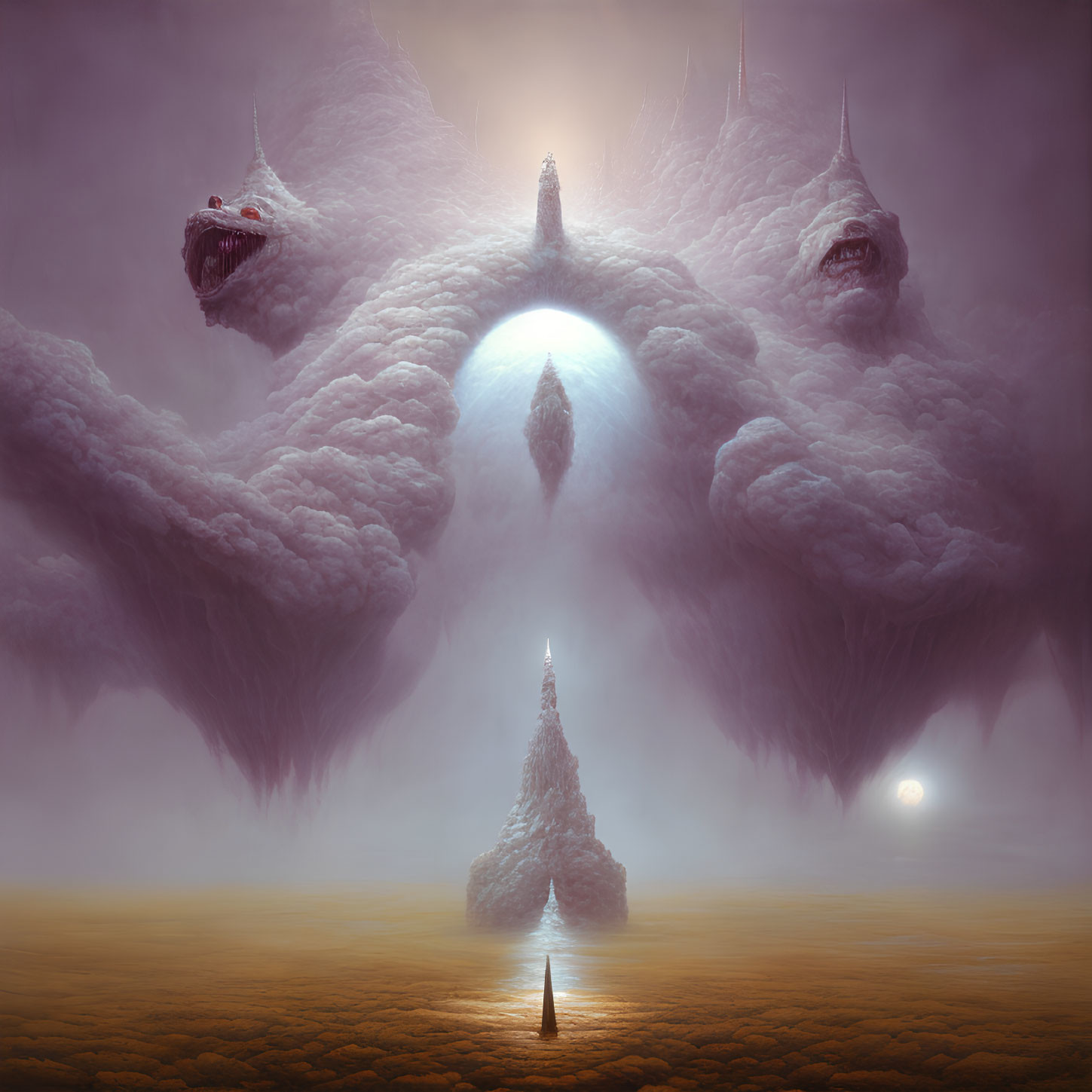 Surreal landscape with central spire, monstrous faces, moon, and bright orb