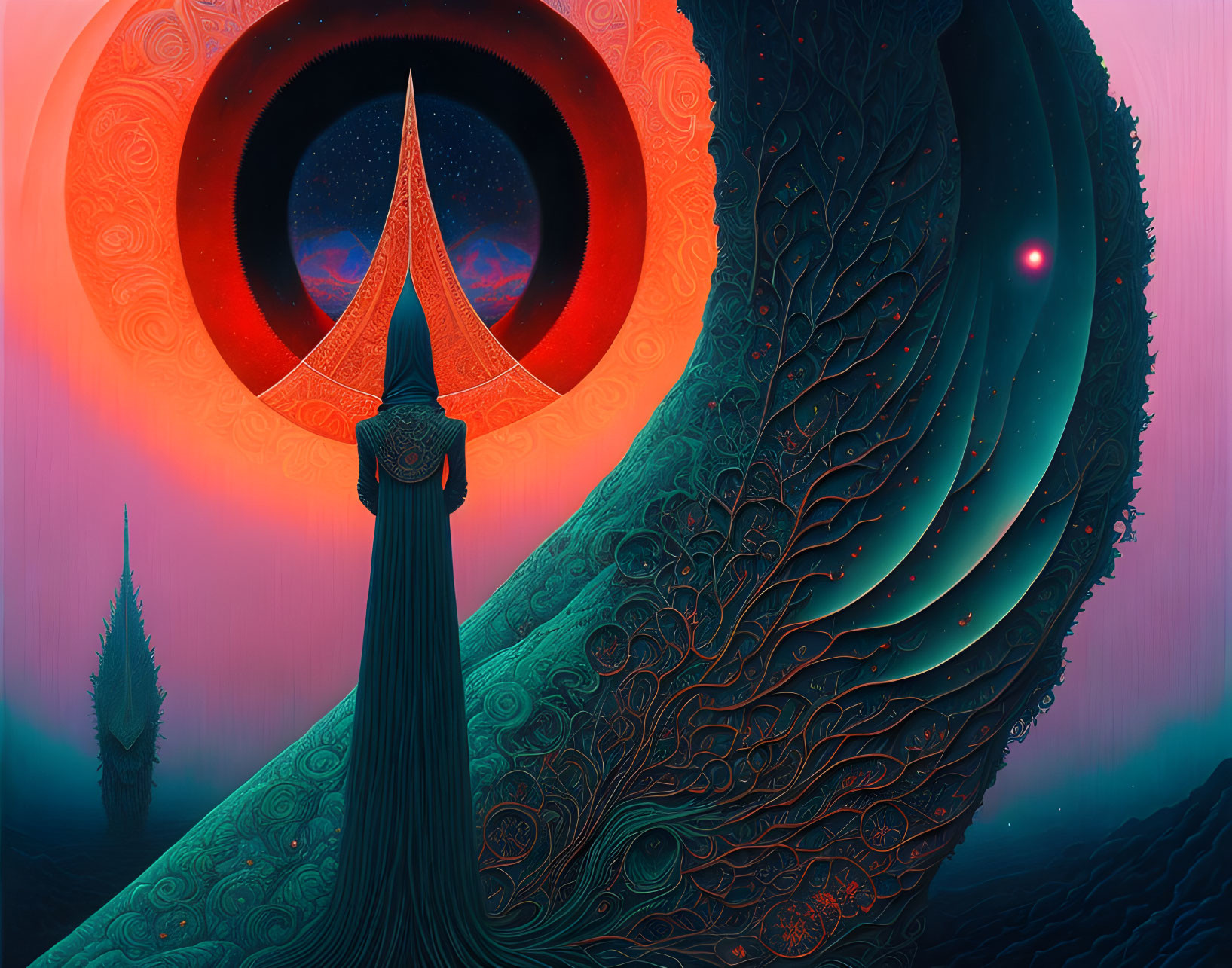 Cloaked Figure Confronts Cosmic Eye in Surreal Landscape