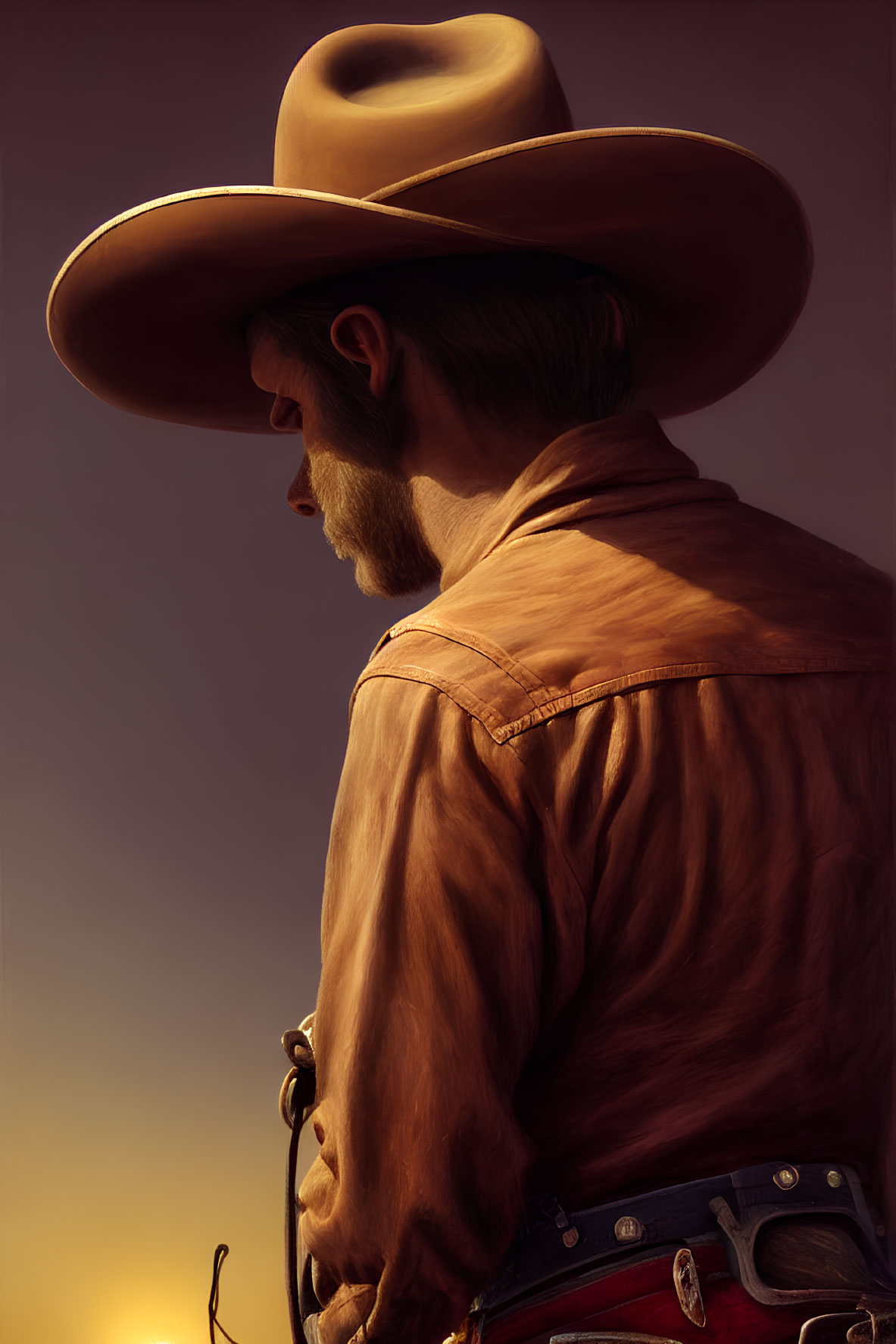 Profile of Cowboy in Large Hat and Brown Jacket Against Sunset Sky