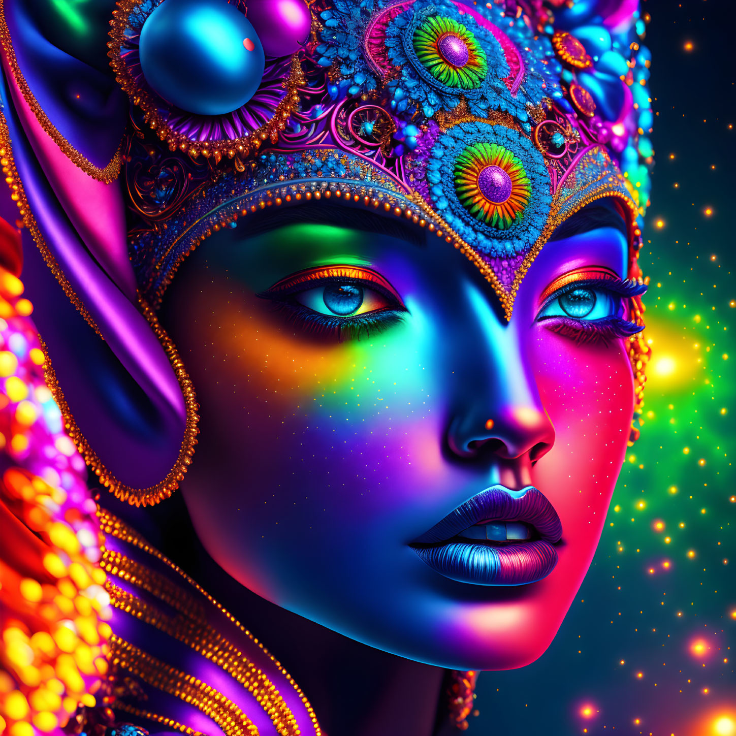 Colorful digital art portrait of woman with neon blue skin and elaborate headdress.