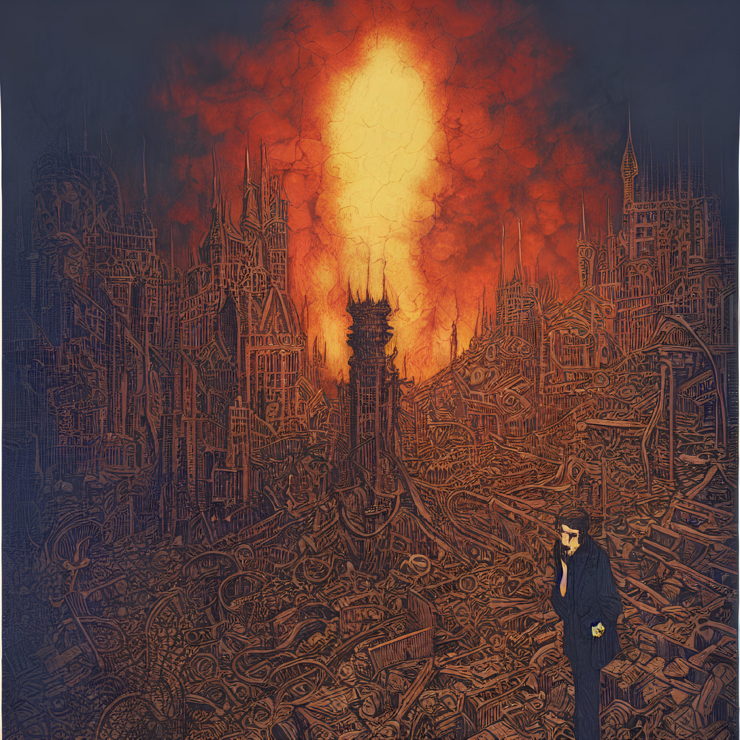 Figure Contemplating Chaotic Gothic Landscape with Inferno