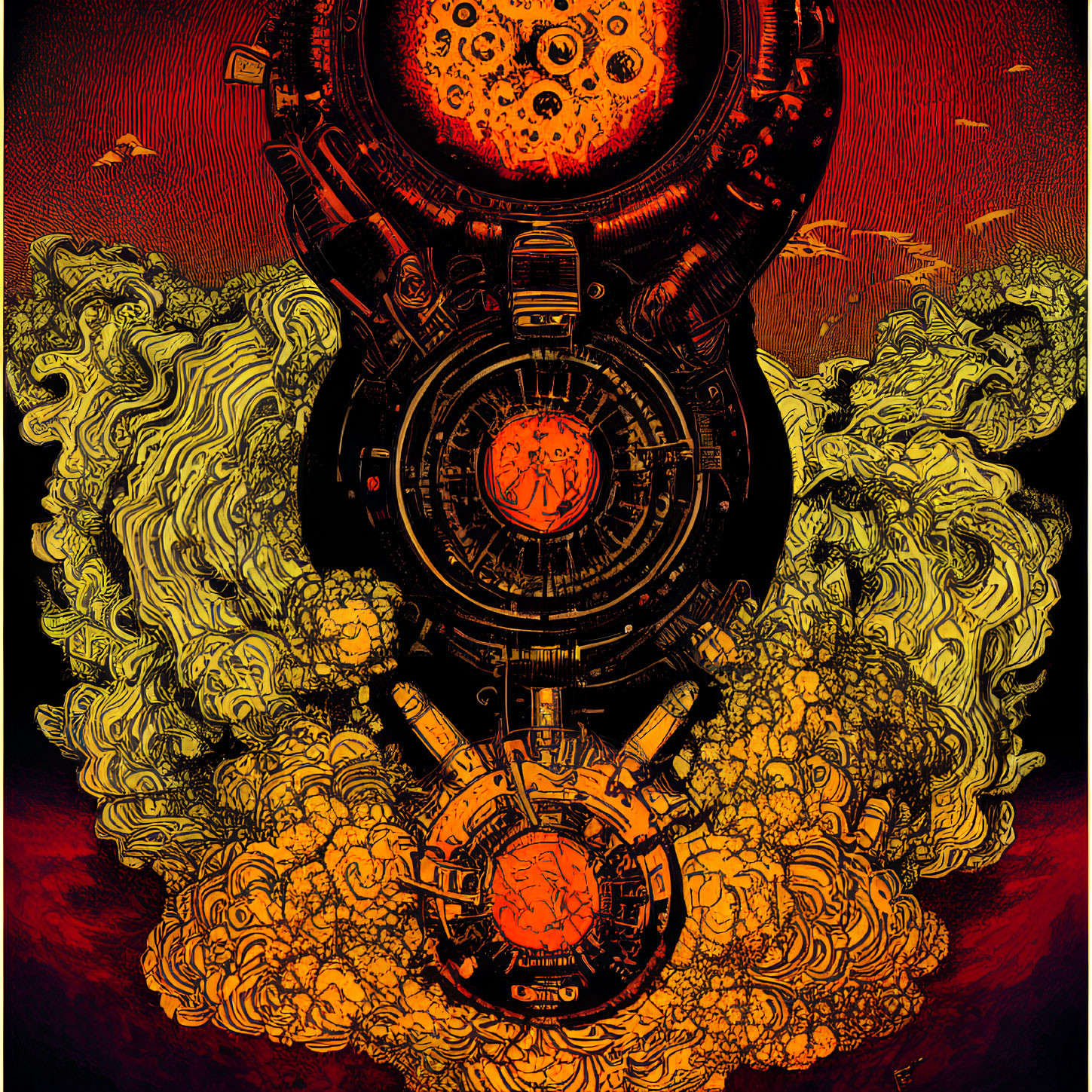 Detailed Steampunk Mechanical Structure Illustration on Red and Black Background